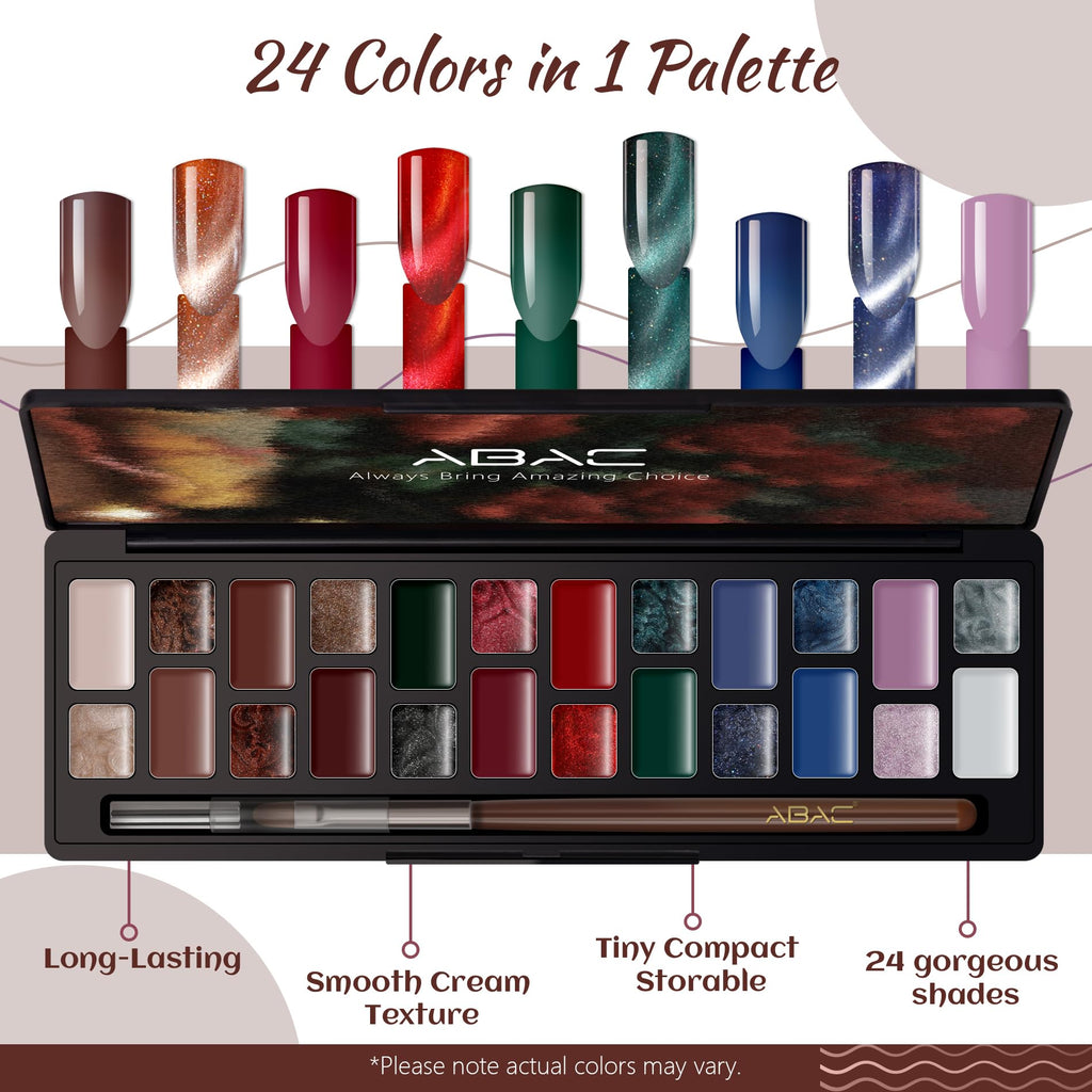 ABAC Solid Cat Eye Gel Polish Palette – HEMA-Free, 24 Colors, Pro Magnet & Brush, LED/UV Ready