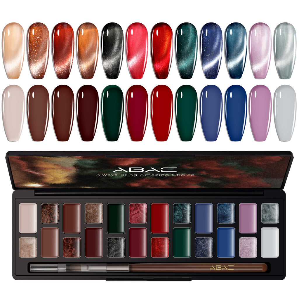 ABAC Solid Cat Eye Gel Polish Palette – HEMA-Free, 24 Colors, Pro Magnet & Brush, LED/UV Ready
