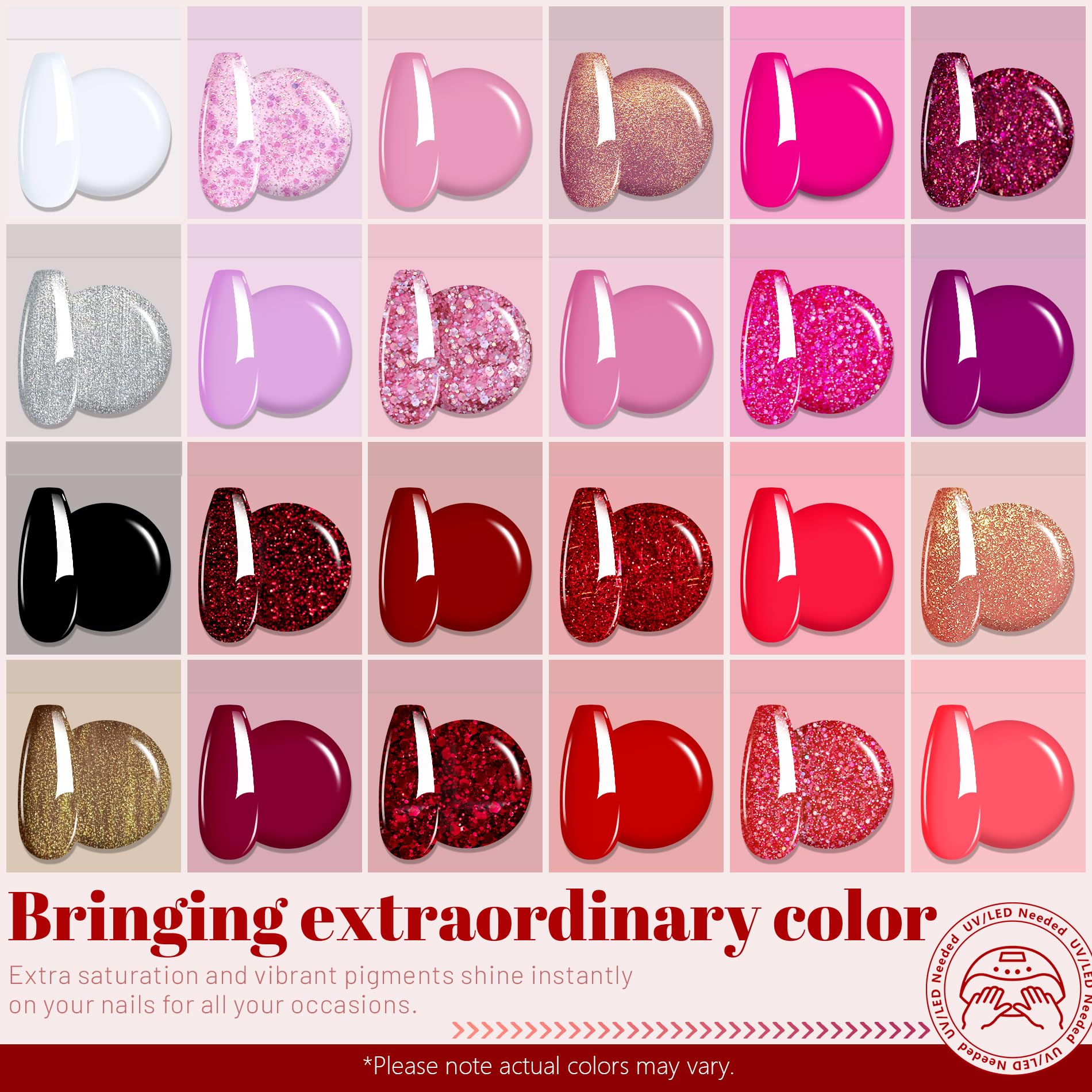 ABAC 24-Color Solid Gel Nail Polish Kit – Rose Gold Glitter & Wine Red | Pro Brush, No-Spill, HEMA-Free