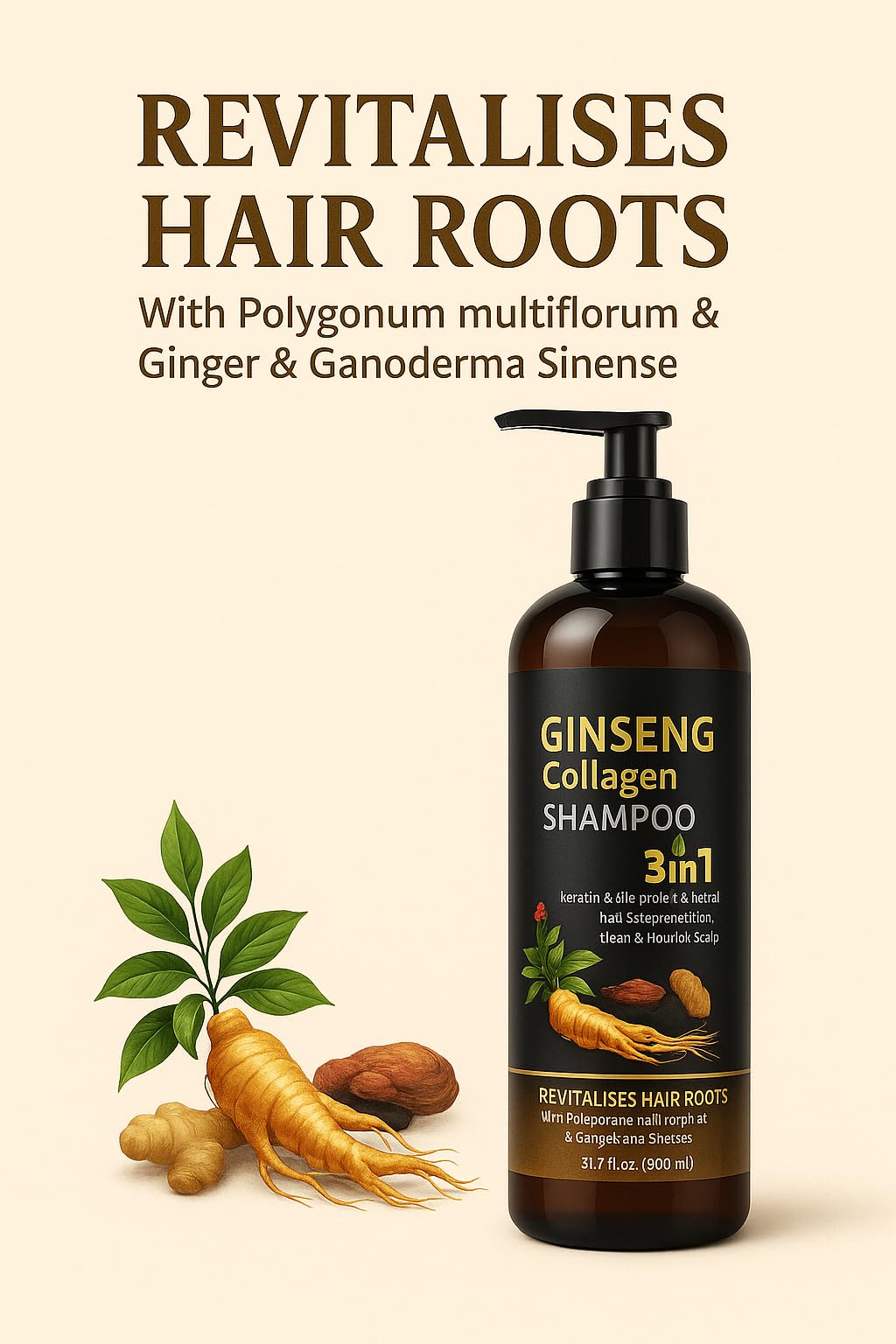 ABBASI & CO 900ml 3-in-1 Ginseng Collagen Shampoo with Ginger Extract | Hair Growth, Keratin & Silk Protein