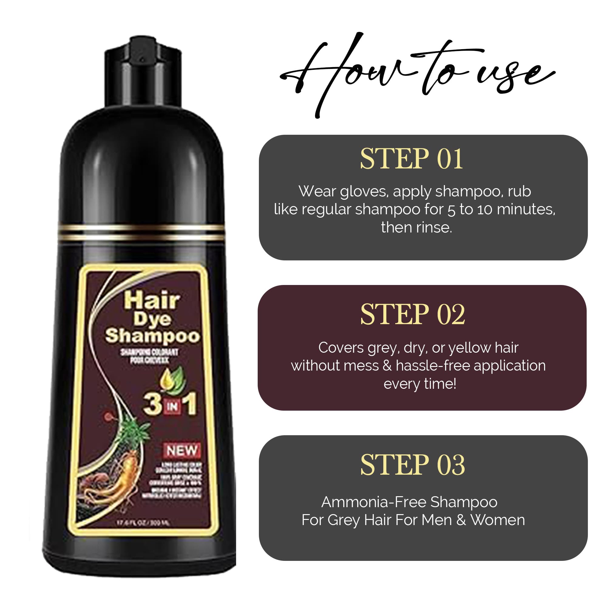 ABBASI & CO Hair Dye Shampoo – 3-in-1 Gray Coverage, Natural Plant-Based, Ammonia-Free 500ml