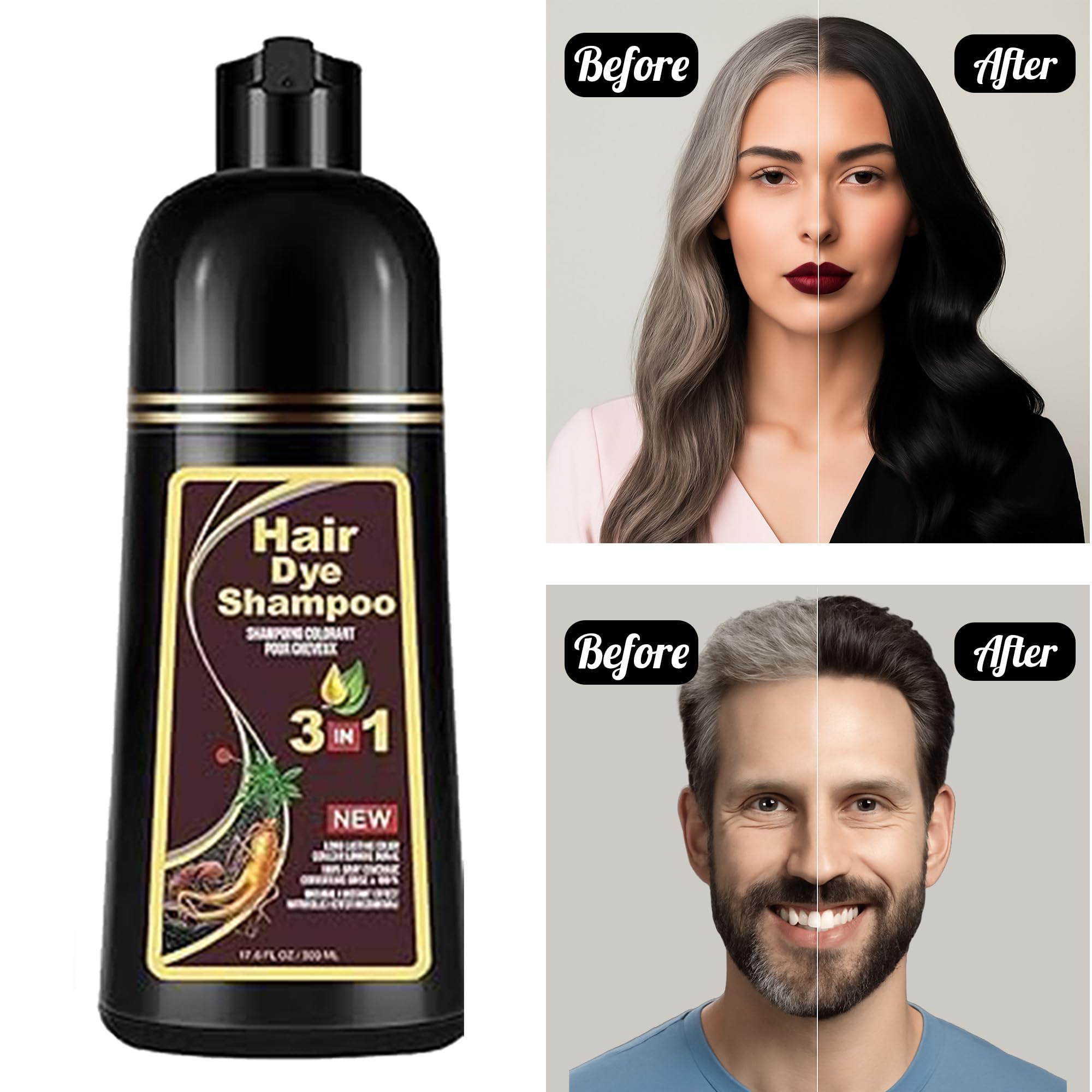 ABBASI & CO Hair Dye Shampoo – 3-in-1 Gray Coverage, Natural Plant-Based, Ammonia-Free 500ml