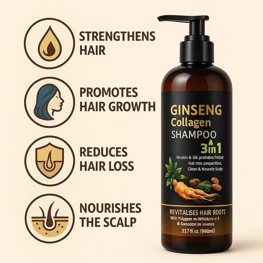 ABBASI & CO 900ml 3-in-1 Ginseng Collagen Shampoo with Ginger Extract | Hair Growth, Keratin & Silk Protein