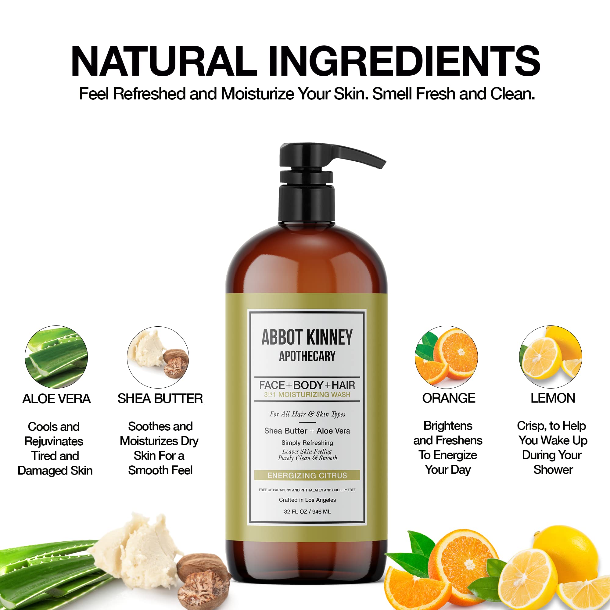 Abbot Kinney Apothecary Men’s 3-in-1 Wash – Energizing Citrus, 32oz, 2 Pack