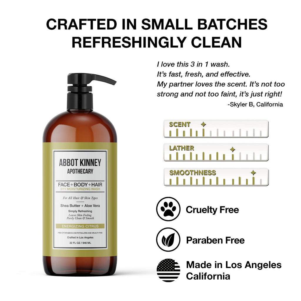 Abbot Kinney Apothecary Men’s 3-in-1 Wash – Energizing Citrus, 32oz, 2 Pack