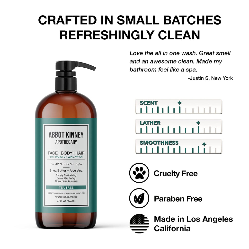 ABBOT KINNEY APOTHECARY Men's Tea Tree 3-in-1 Wash – Shampoo, Conditioner & Body Wash, 32oz (2-Pack)