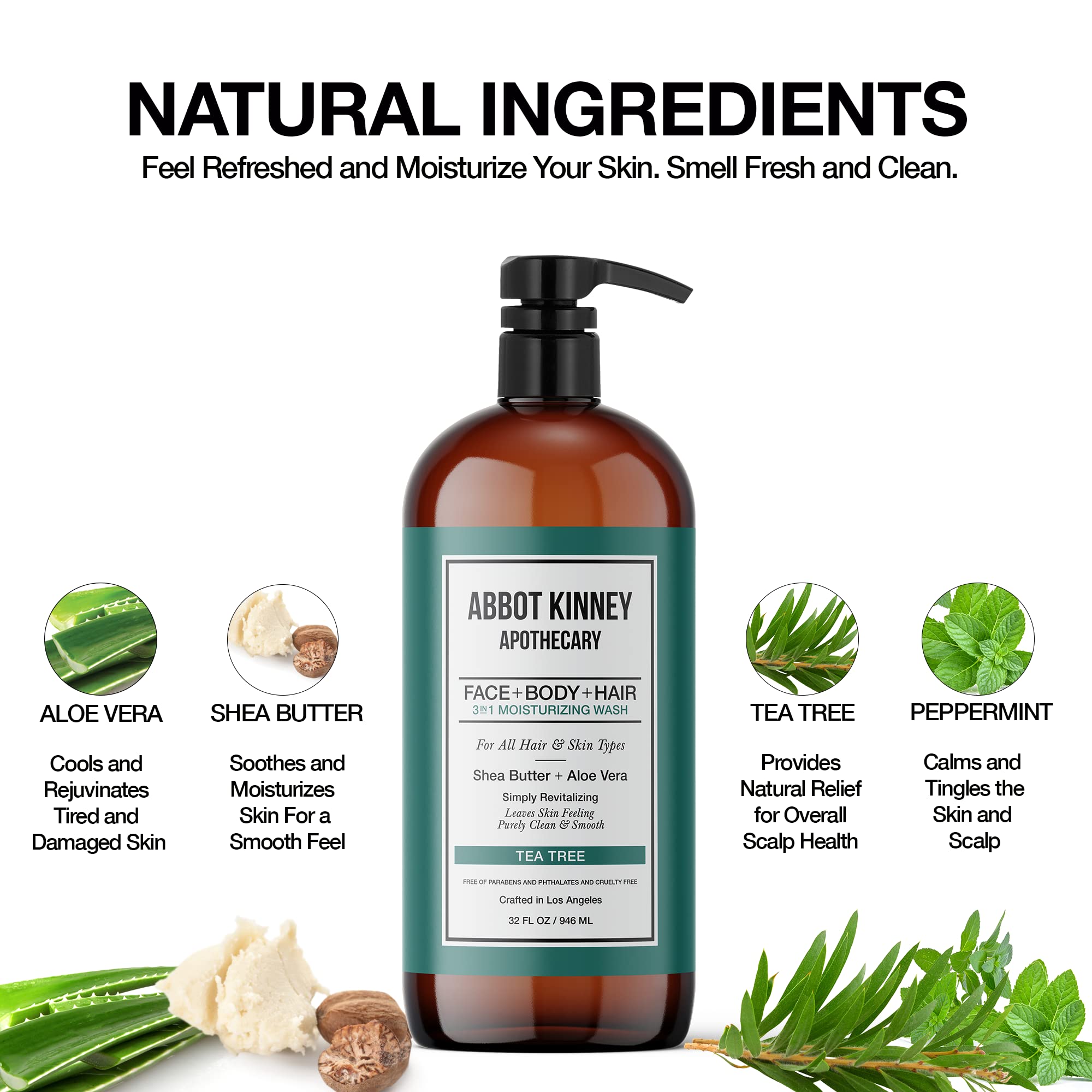 ABBOT KINNEY APOTHECARY Men's Tea Tree 3-in-1 Wash – Shampoo, Conditioner & Body Wash, 32oz (2-Pack)