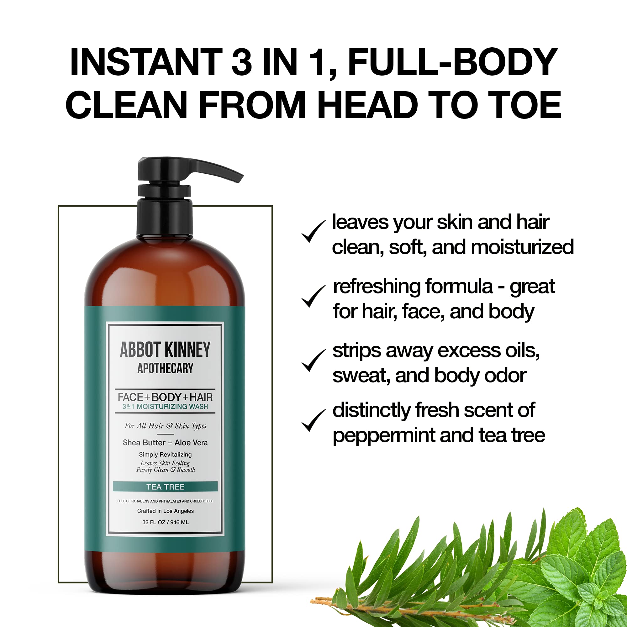 ABBOT KINNEY APOTHECARY Men's 3-in-1 Tea Tree Wash – 32oz, 3 Pack
