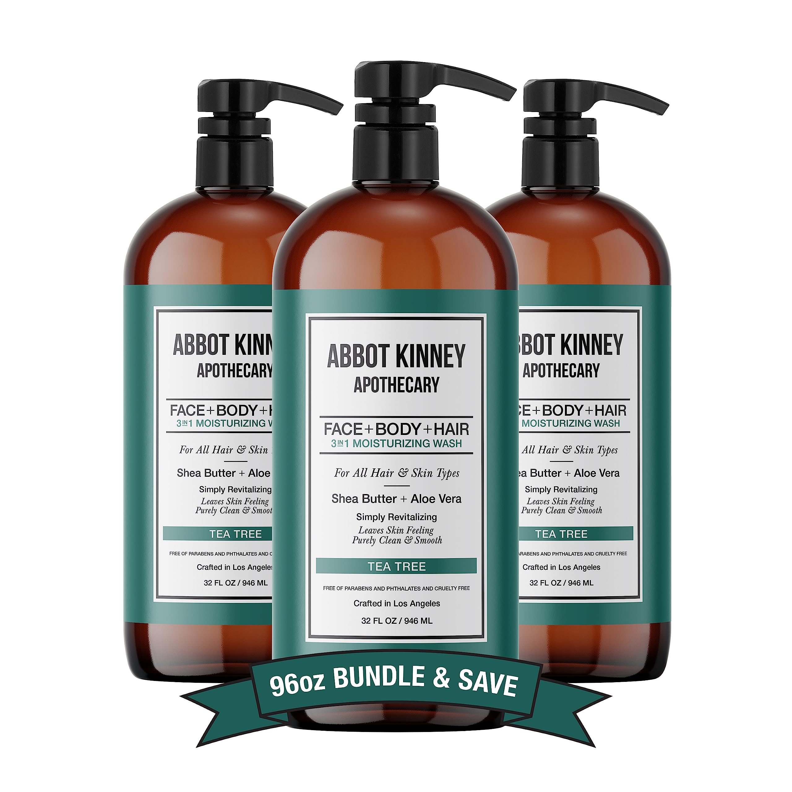 ABBOT KINNEY APOTHECARY Men's 3-in-1 Tea Tree Wash – 32oz, 3 Pack