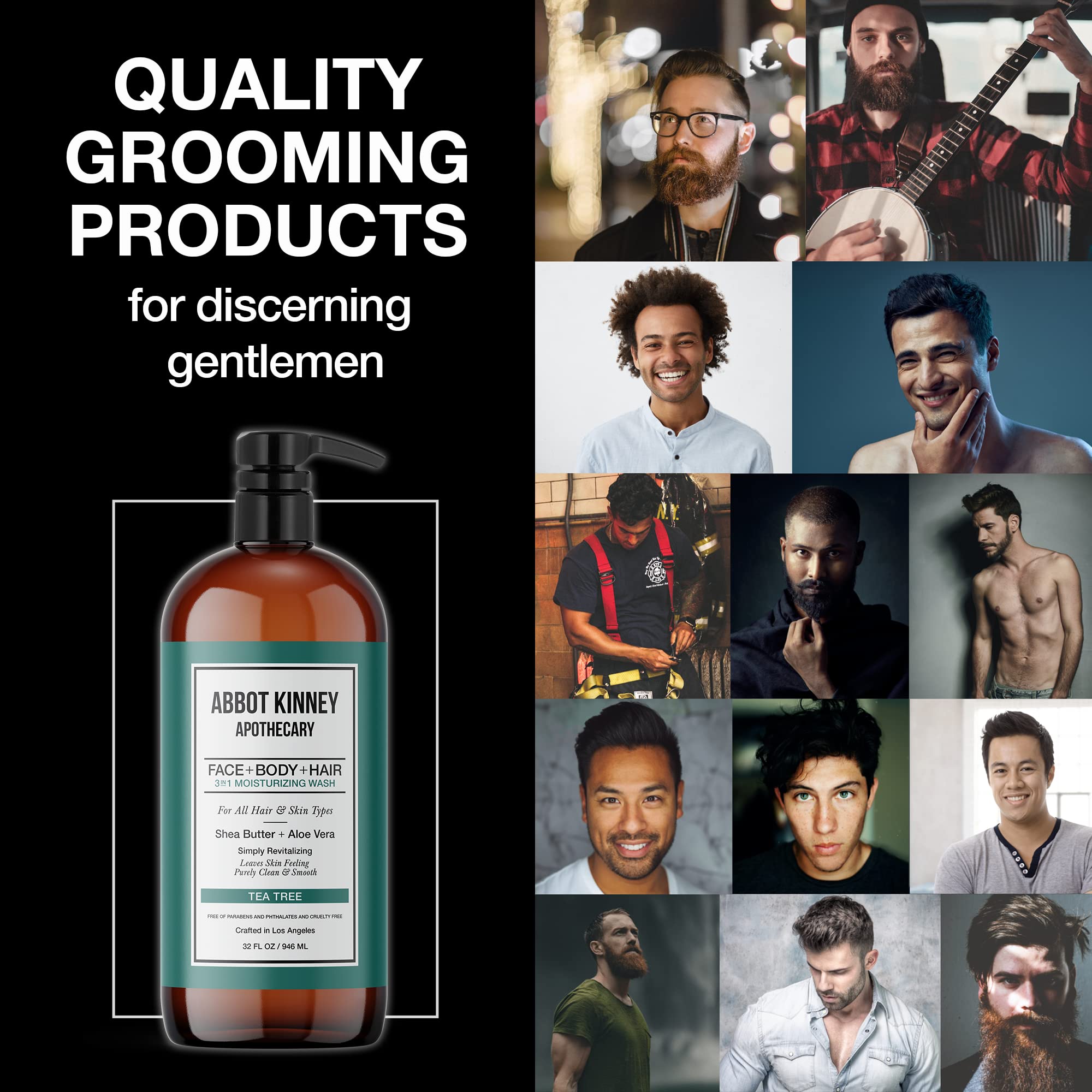 ABBOT KINNEY APOTHECARY Men's Tea Tree 3-in-1 Wash – Shampoo, Conditioner & Body Wash, 32oz (2-Pack)