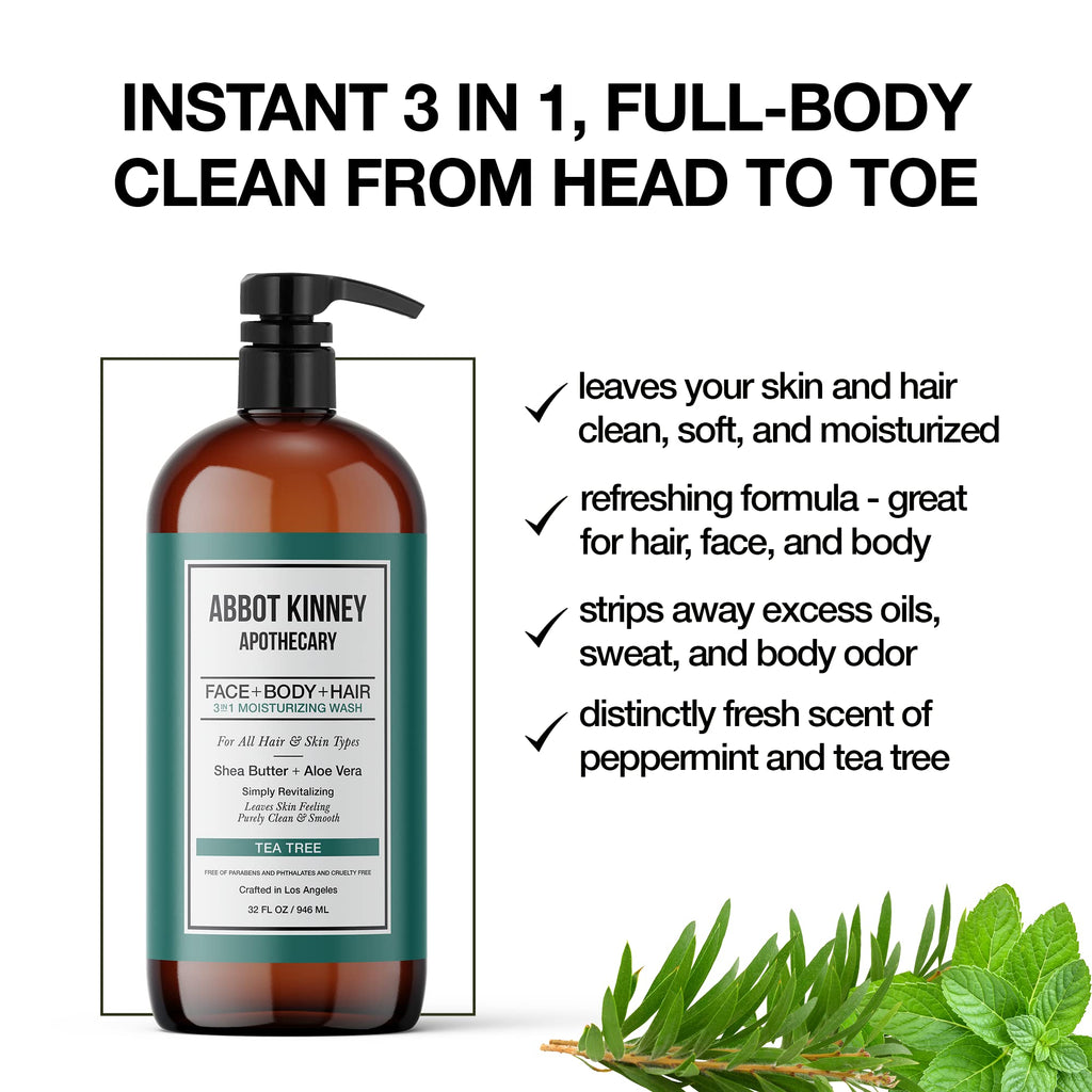 ABBOT KINNEY APOTHECARY Men's Tea Tree 3-in-1 Wash – Shampoo, Conditioner & Body Wash, 32oz (2-Pack)