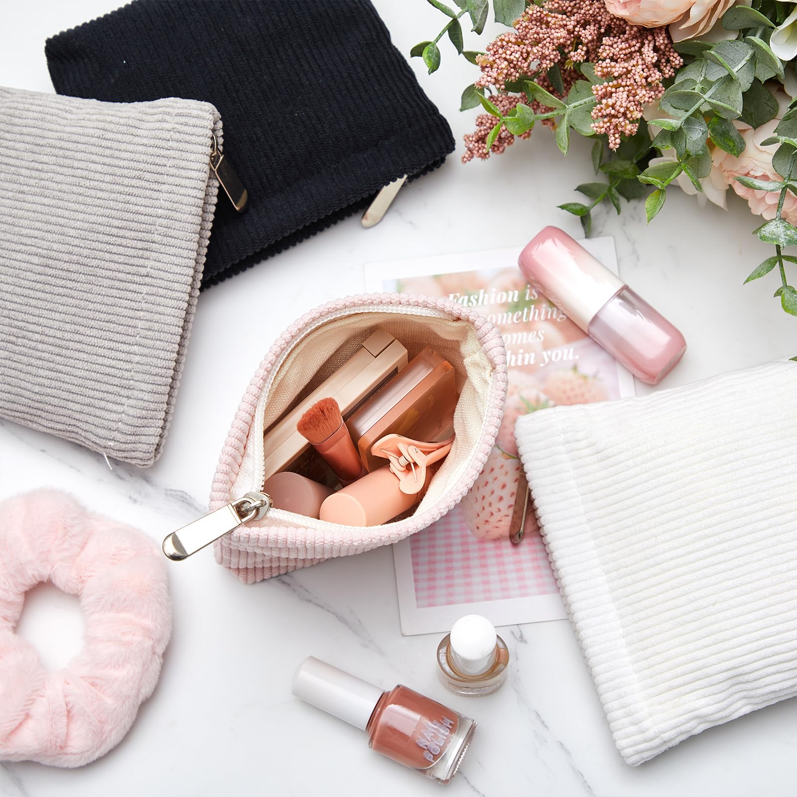 Abbylike 4-Pcs Corduroy Small Makeup Bags with Zipper – Portable Pouch Set for Purse