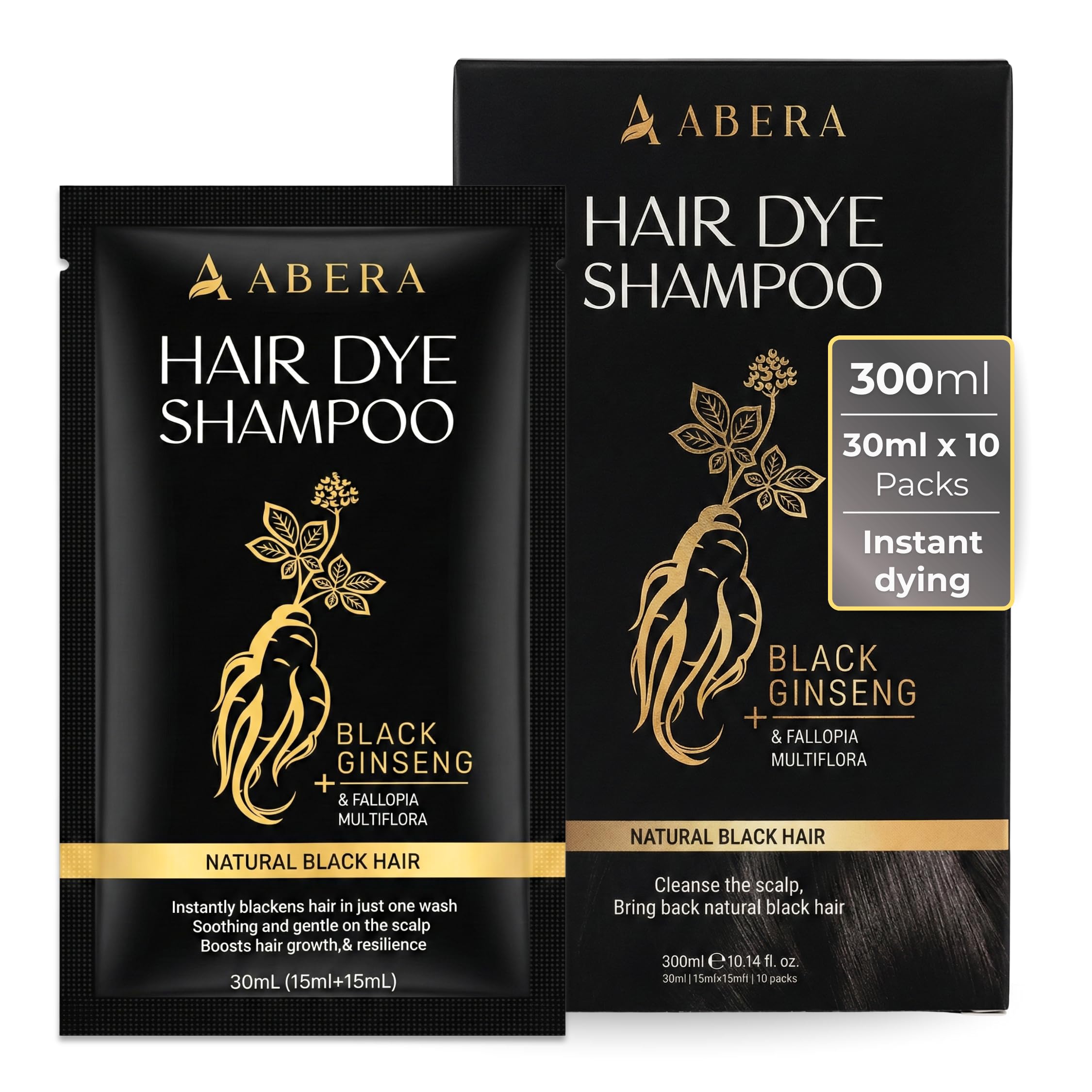 ABERA Hair Dye Shampoo Pack – Black Color for Gray Hair | Travel Size & Long-Lasting One-Wash Solution