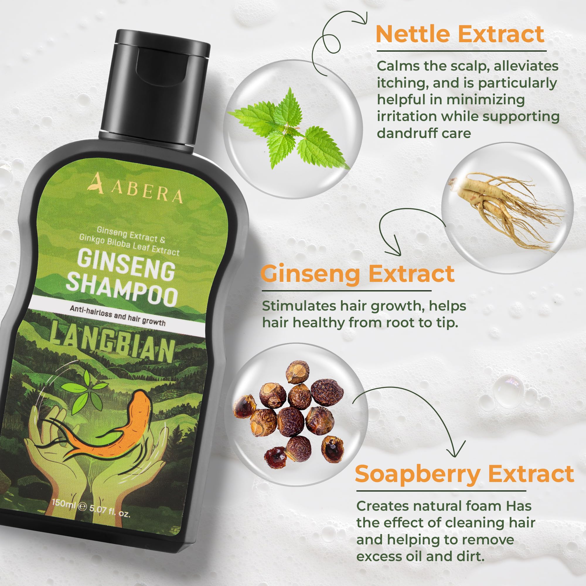 ABERA High-Performance Anti-Dandruff Shampoo – Langbian Ginseng, Sulfate & Paraben Free, Deep Cleansing (5.07 Fl Oz)