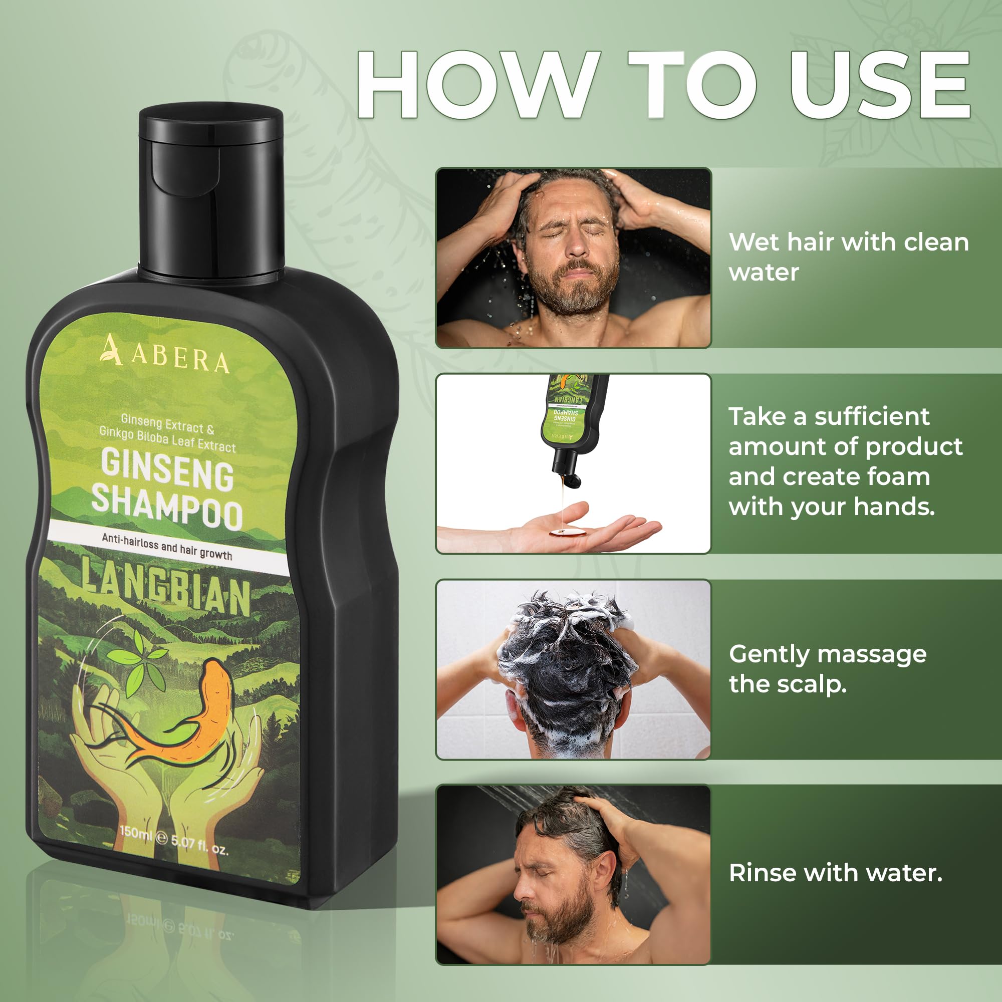 ABERA High-Performance Anti-Dandruff Shampoo – Langbian Ginseng, Sulfate & Paraben Free, Deep Cleansing (5.07 Fl Oz)