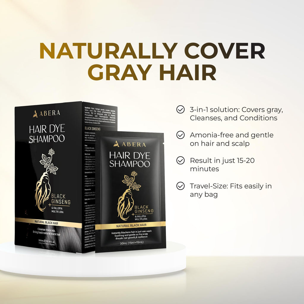 ABERA Hair Dye Shampoo Pack – Black Color for Gray Hair | Travel Size & Long-Lasting One-Wash Solution