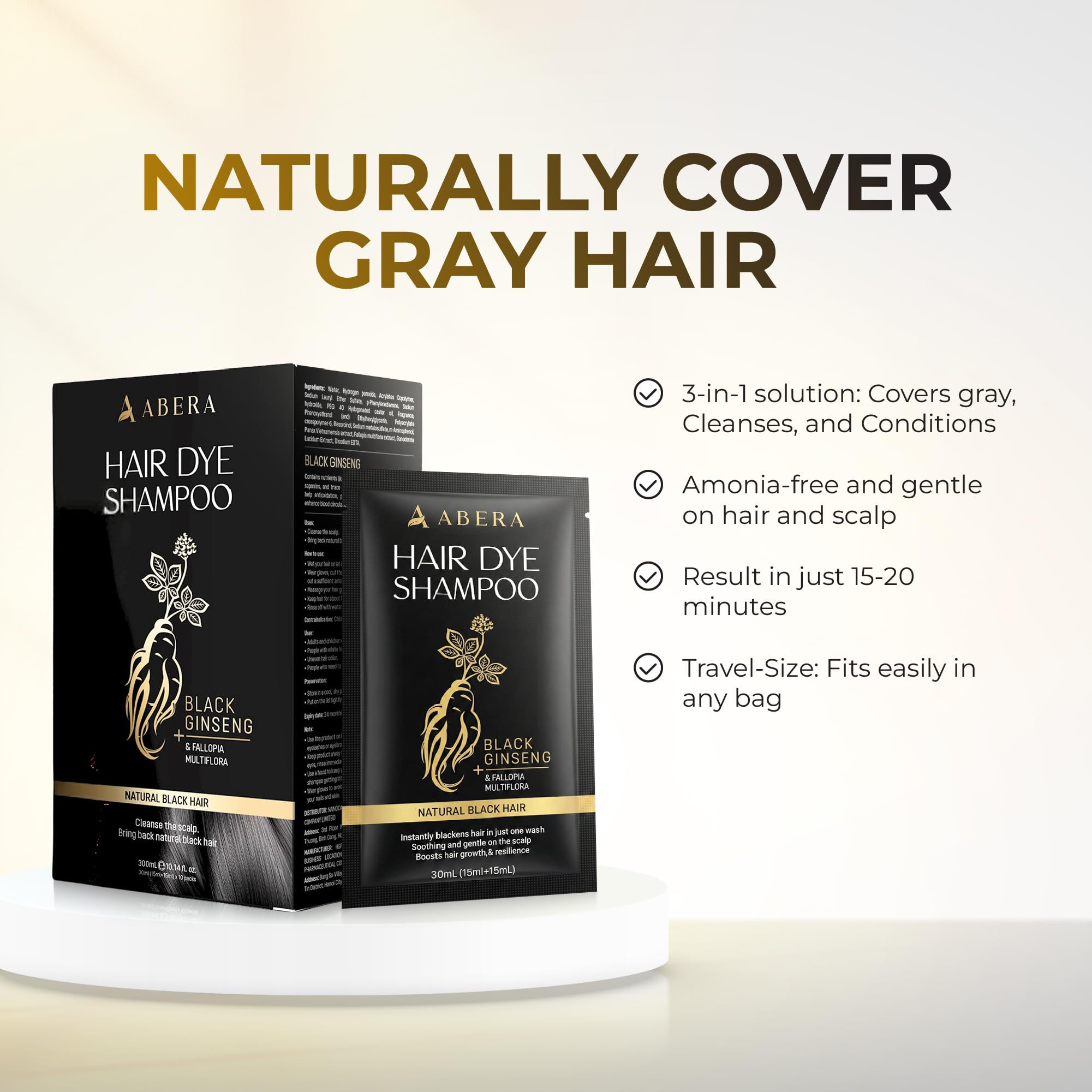 ABERA Hair Dye Shampoo Pack – Black Color for Gray Hair | Travel Size & Long-Lasting One-Wash Solution