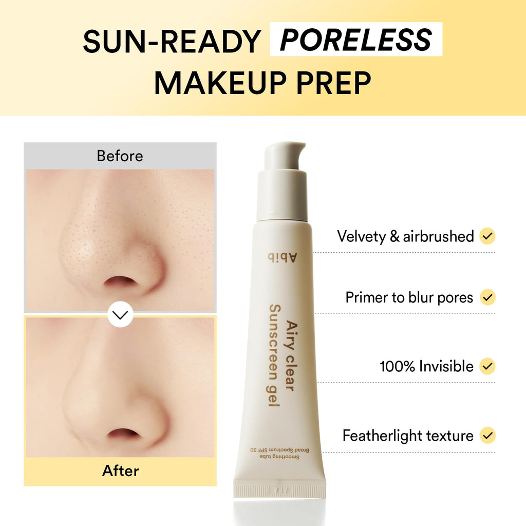Abib Airy Clear Sunscreen Gel SPF30 – Semi-Matte, No White Cast, Pore-Refining Primer