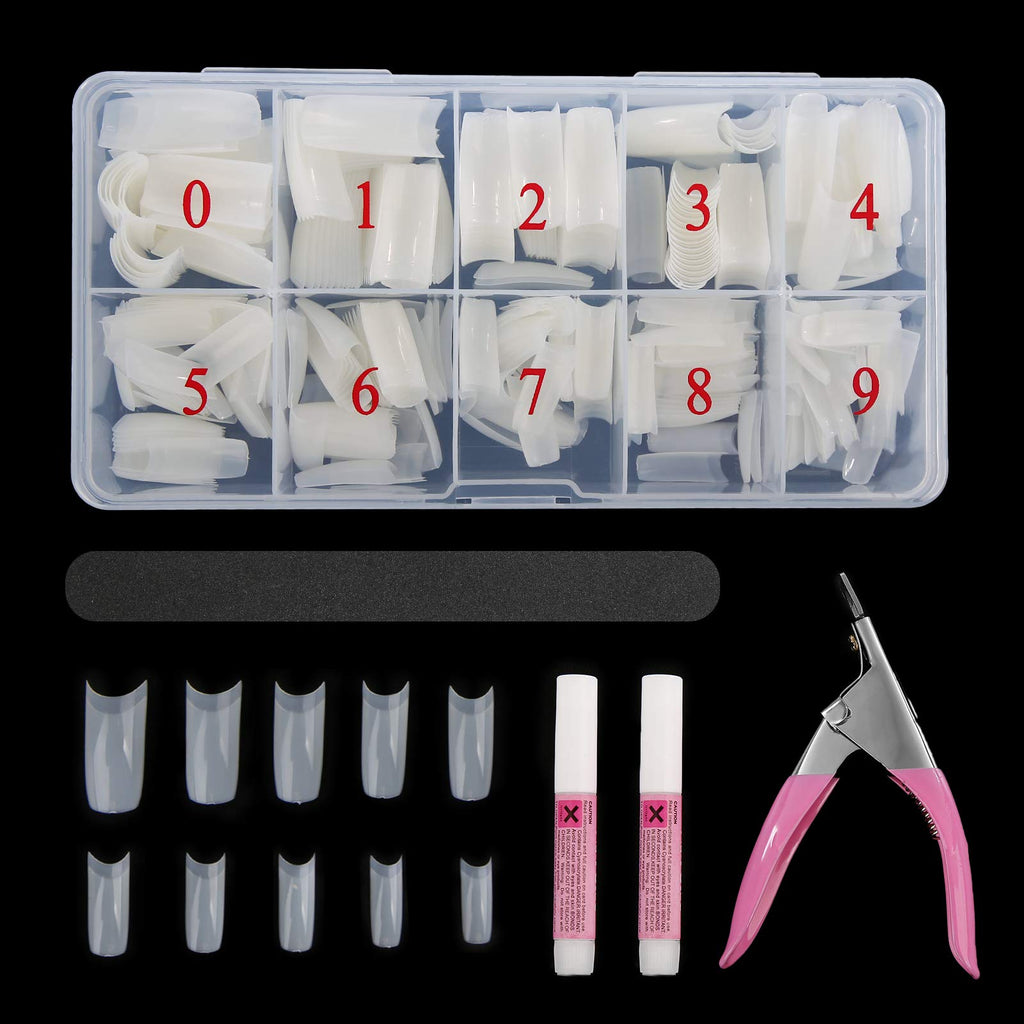Abodhu Acrylic Nail Tips Kit 500 Pcs – Coffin Half Cover Nails with Glue, Files, Clip & Case