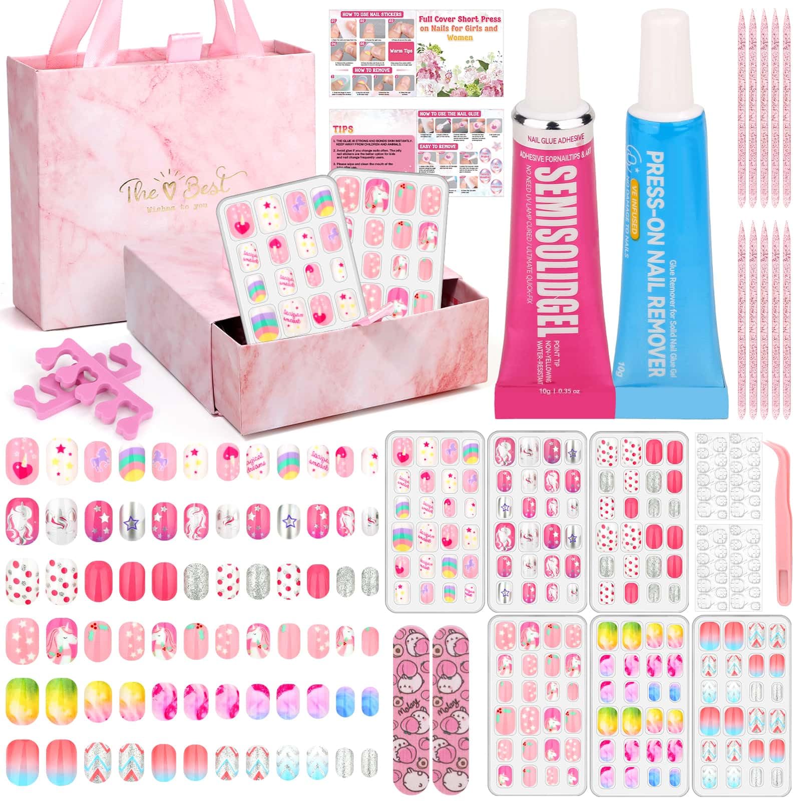 Acejoz 144-Pcs Kids Press-On Nails Kit with Glue, Tips & Gift Set for Girls 8-12