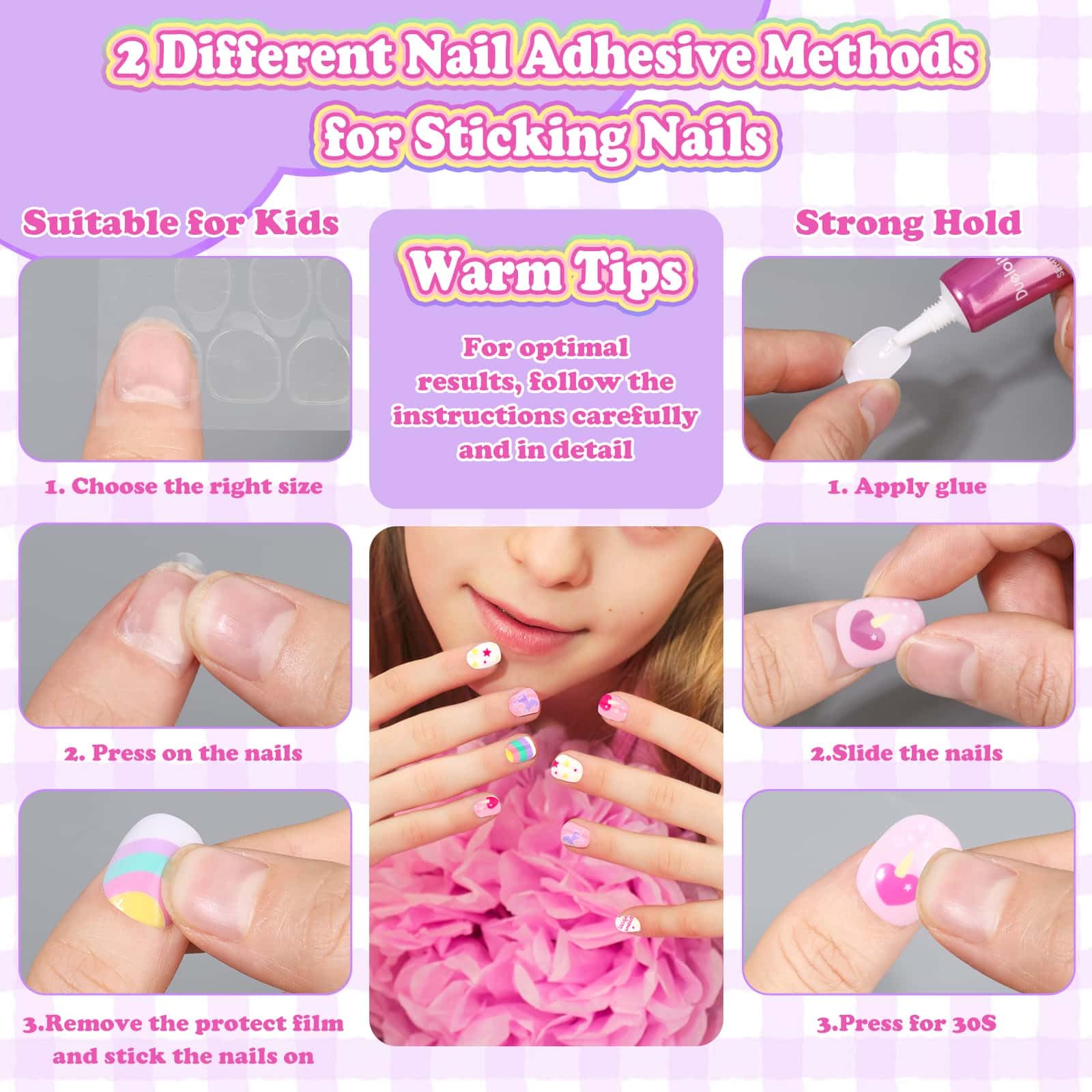Acejoz 144-Pcs Kids Press-On Nails Kit with Glue, Tips & Gift Set for Girls 8-12