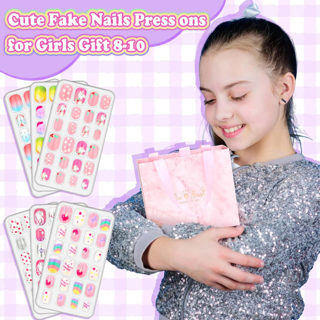 Acejoz 144-Pcs Kids Press-On Nails Kit with Glue, Tips & Gift Set for Girls 8-12