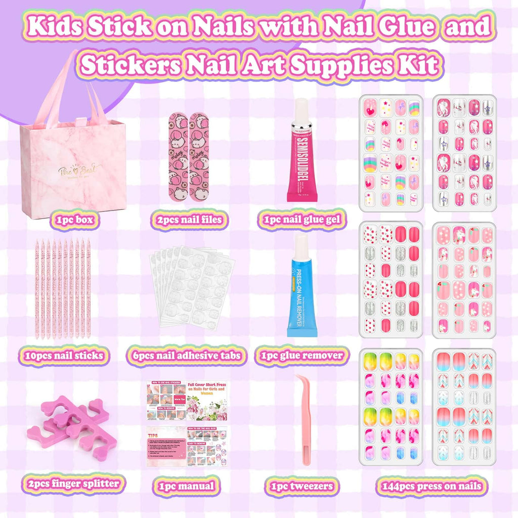 Acejoz 144-Pcs Kids Press-On Nails Kit with Glue, Tips & Gift Set for Girls 8-12