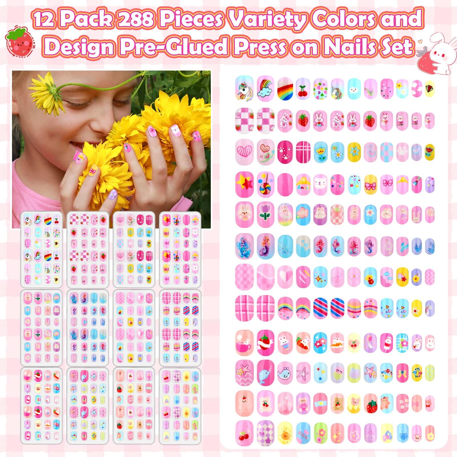 Acejoz 288-Piece Kids Nails Set – Pre-Glue Press-On Nails for Girls 8-12