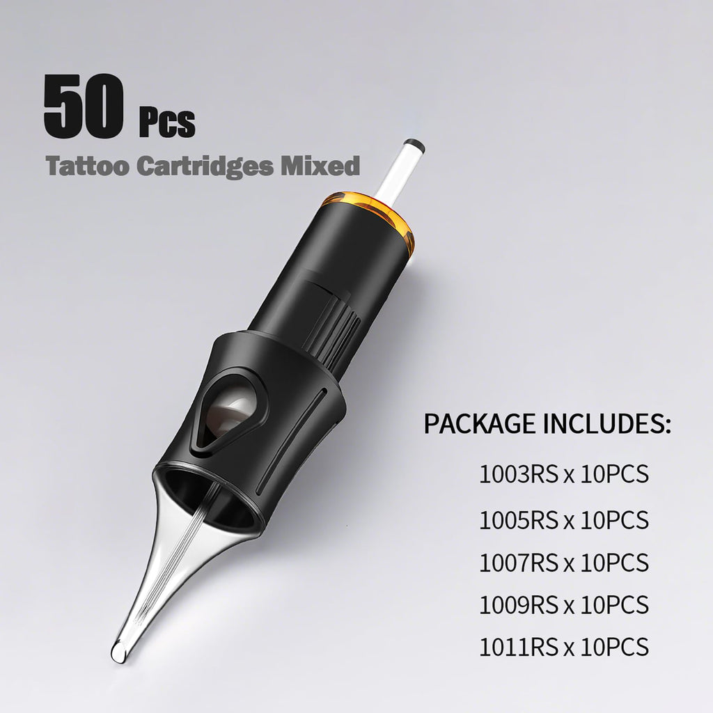 Ackbun 50Pcs #10RS Tattoo Cartridge Needles – Pre-Sterilized, Durable, Compatible with Most Rotary Machines