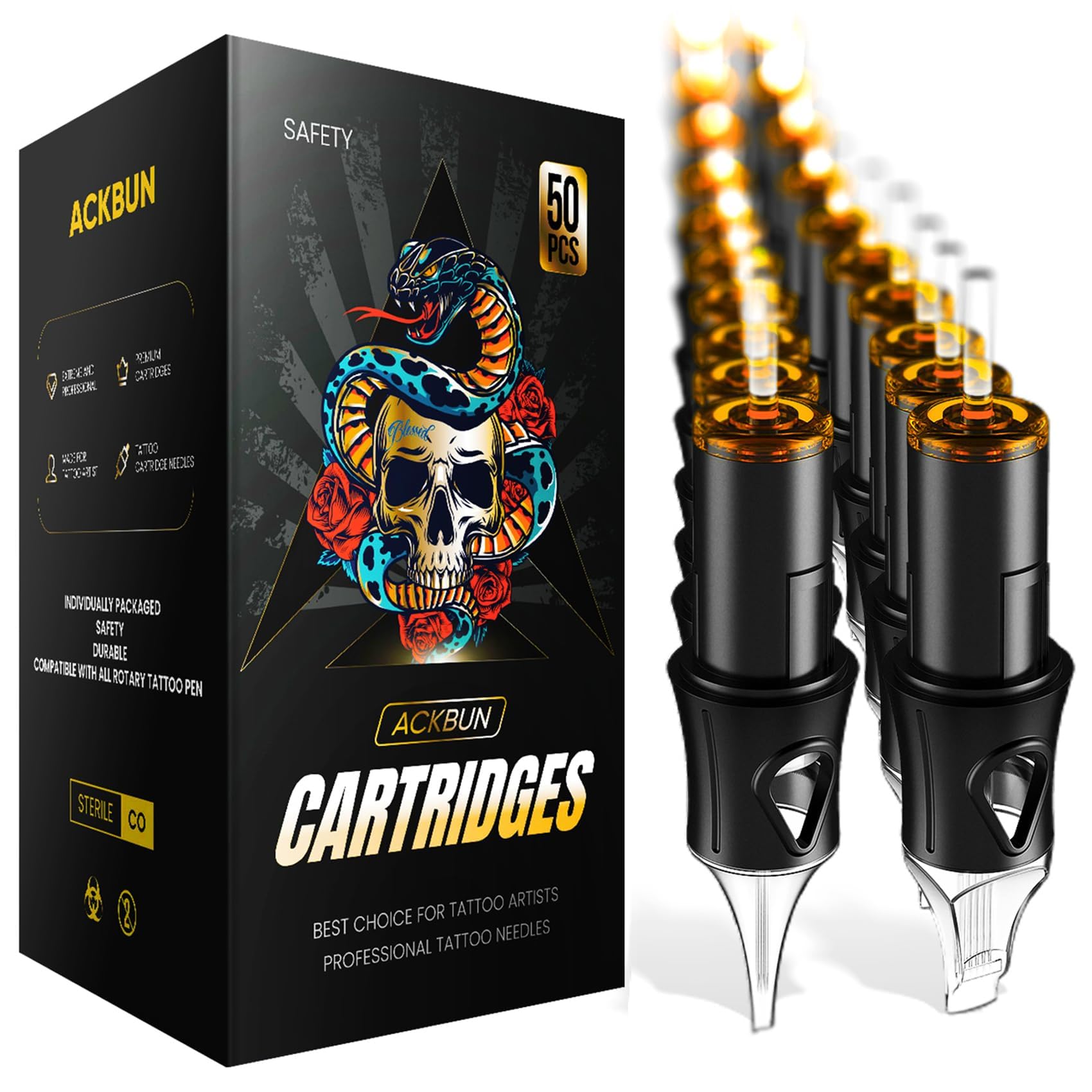 Ackbun 50 12RS Mixed Tattoo Cartridge Needles – 10Pcs Each (3RS/5RS/7RS/9RS/11RS) | Sterilized & Individually Packaged