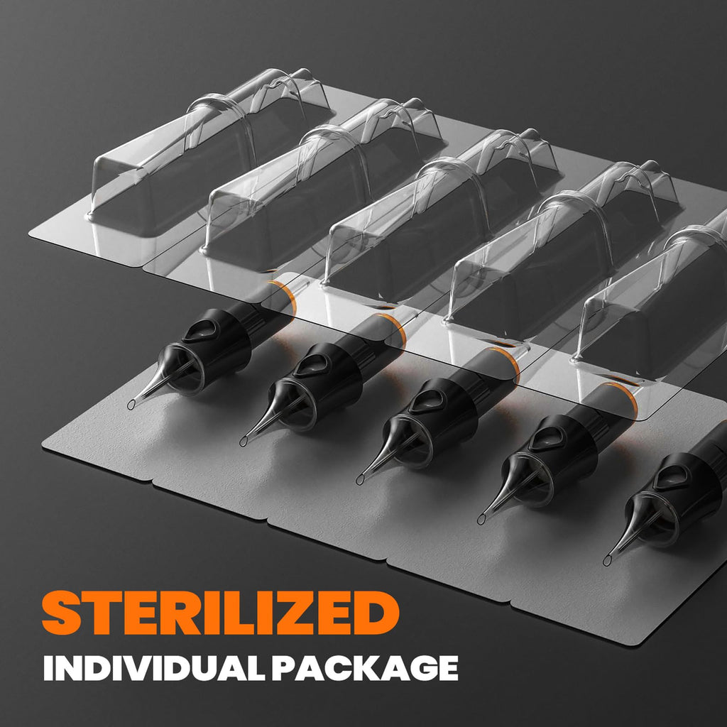Ackbun 50 1209RL Tattoo Cartridges – 50 Pack, Sterilized, Durable, Sharp Tips, Universal Rotary Pen Compatibility
