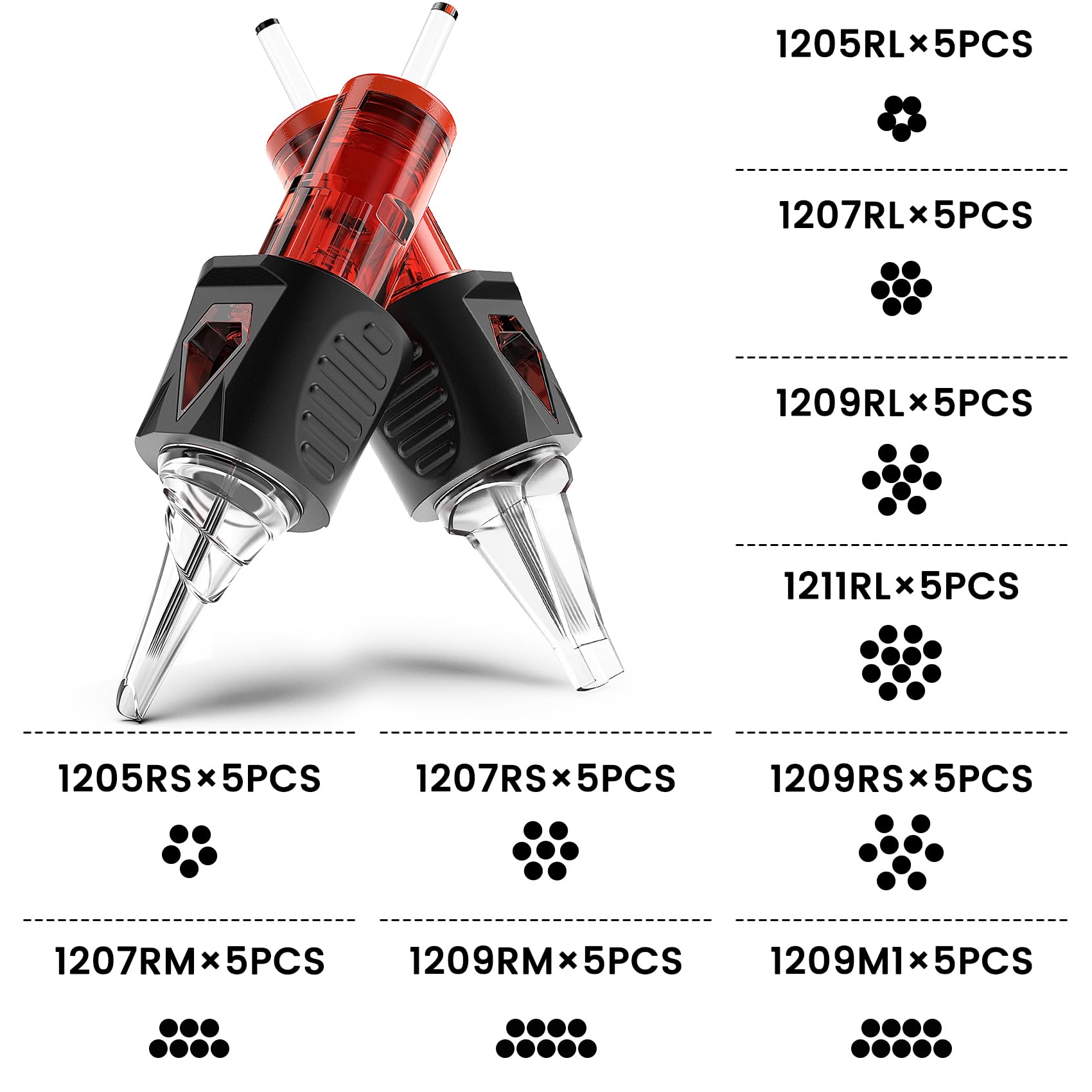 Ackbun 50 Pack Tattoo Cartridge Needles – Mixed Sizes with Finger Ledge