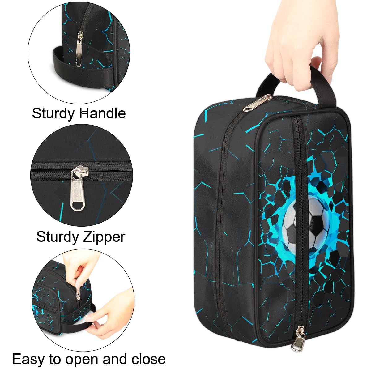 Ackutea Kids Travel Toiletry Bag – Blue 3D Soccer Ball, Waterproof & Hanging