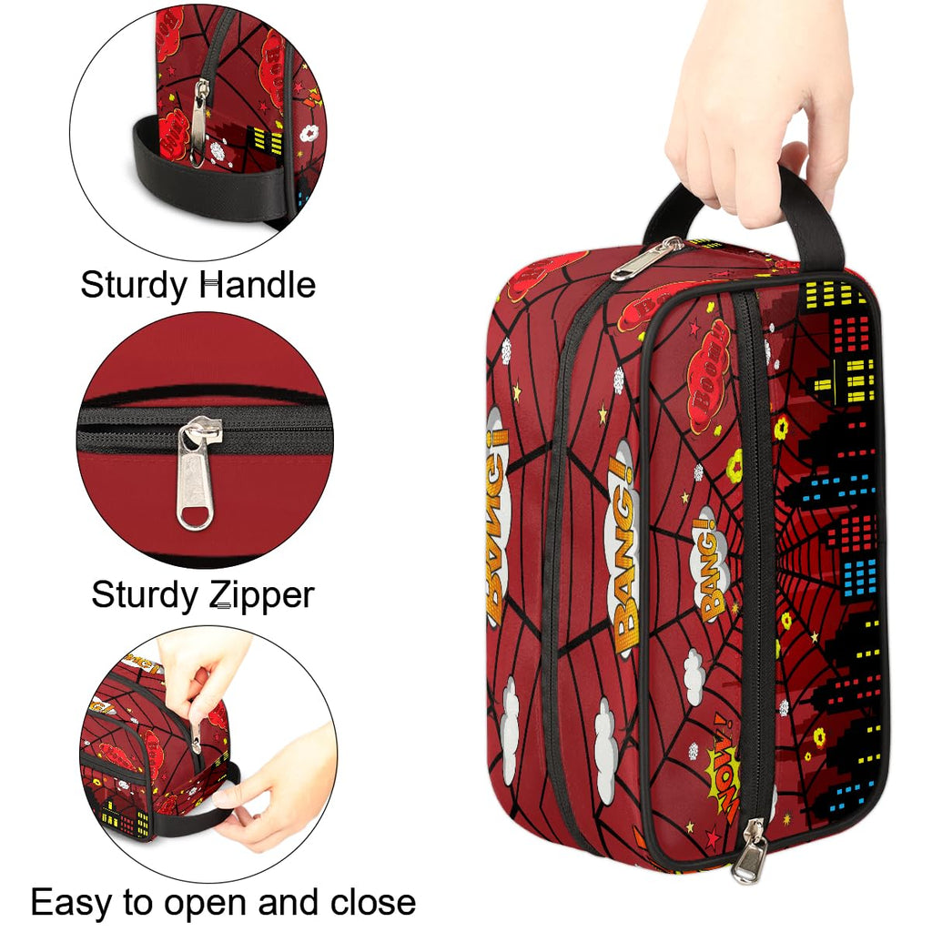 Ackutea Kids Travel Toiletry Bag - Red Spider Web, Waterproof Hanging Case for Boys