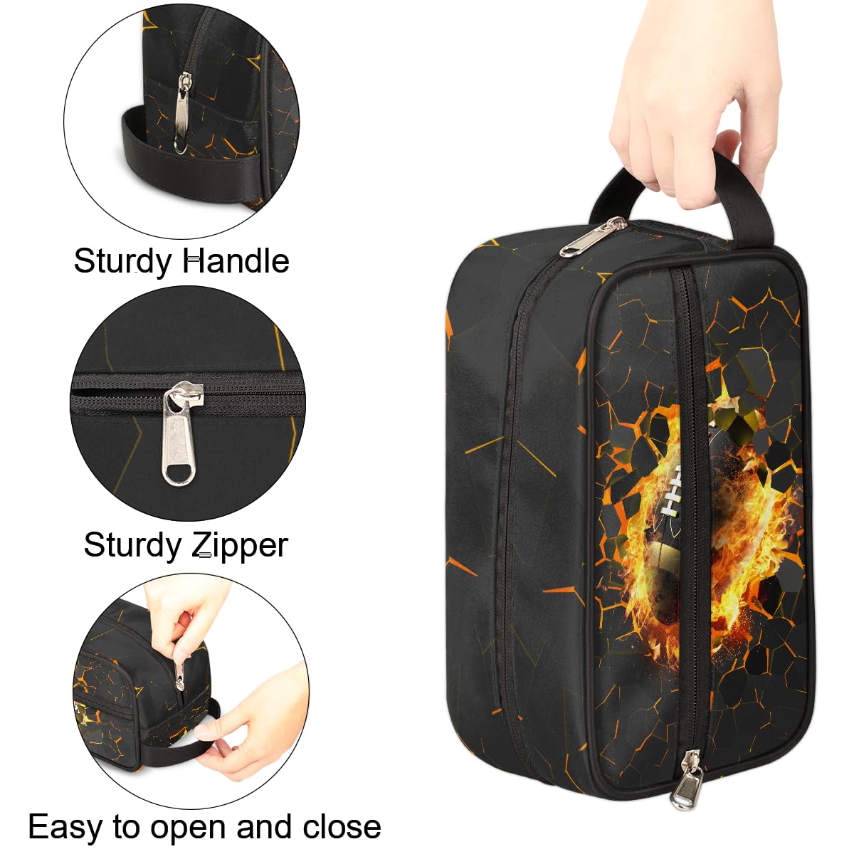 Ackutea Kids Travel Toiletry Bag – Yellow Fire Football, Waterproof Hanging Cosmetic Bag for Boys