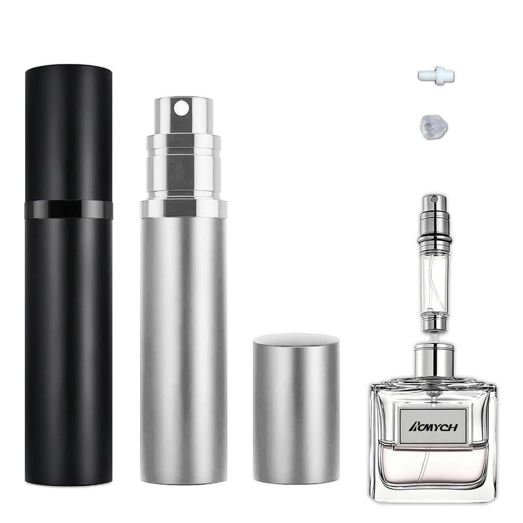 ACMYCH 2PCS Travel Perfume Refillable Bottle – 5ml, Bottom-Filling Atomizers (Black & Silver)