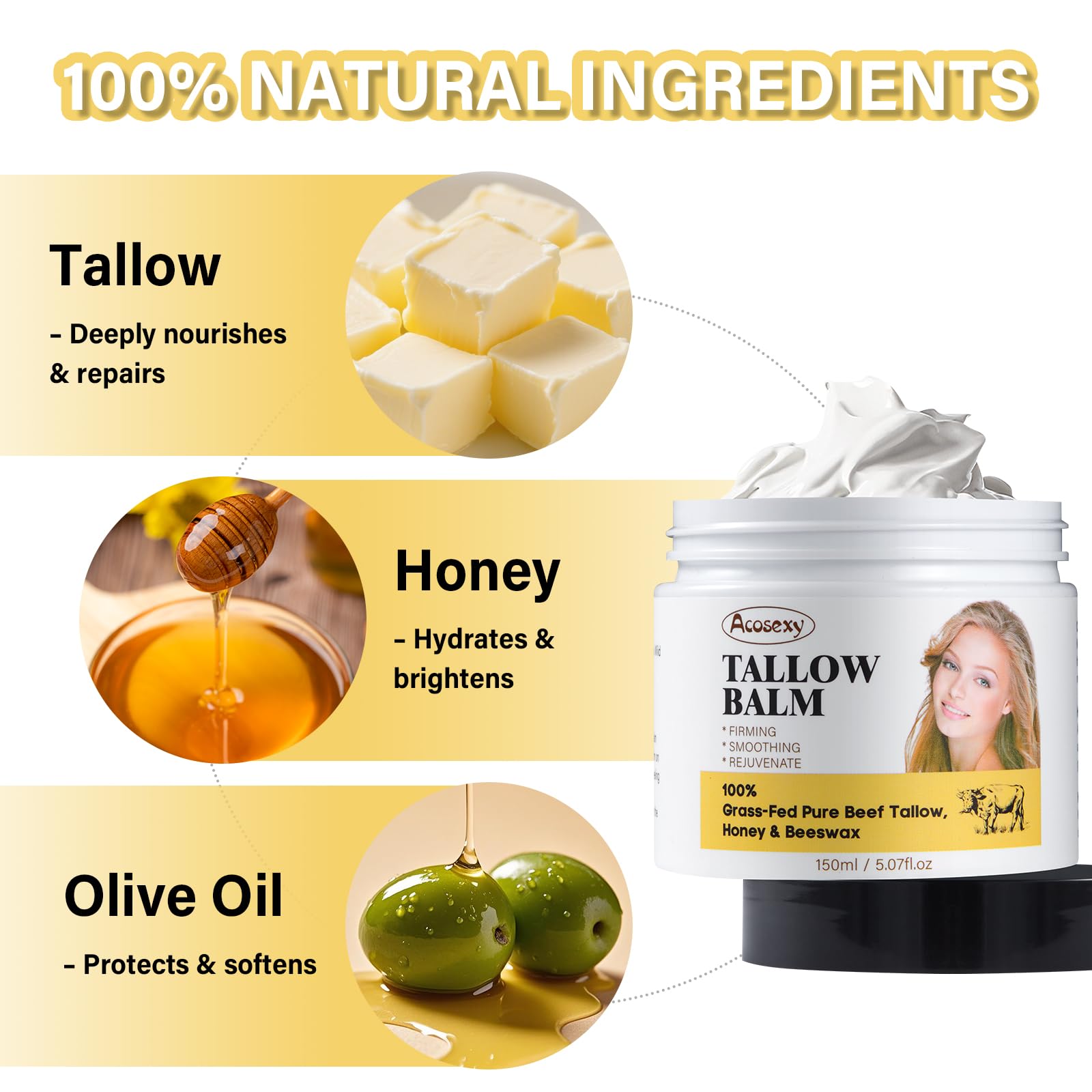 Acosexy Beef Tallow Face Balm – Handmade Whipped Balm with Shea Butter, Grass-Fed, 5.07 oz