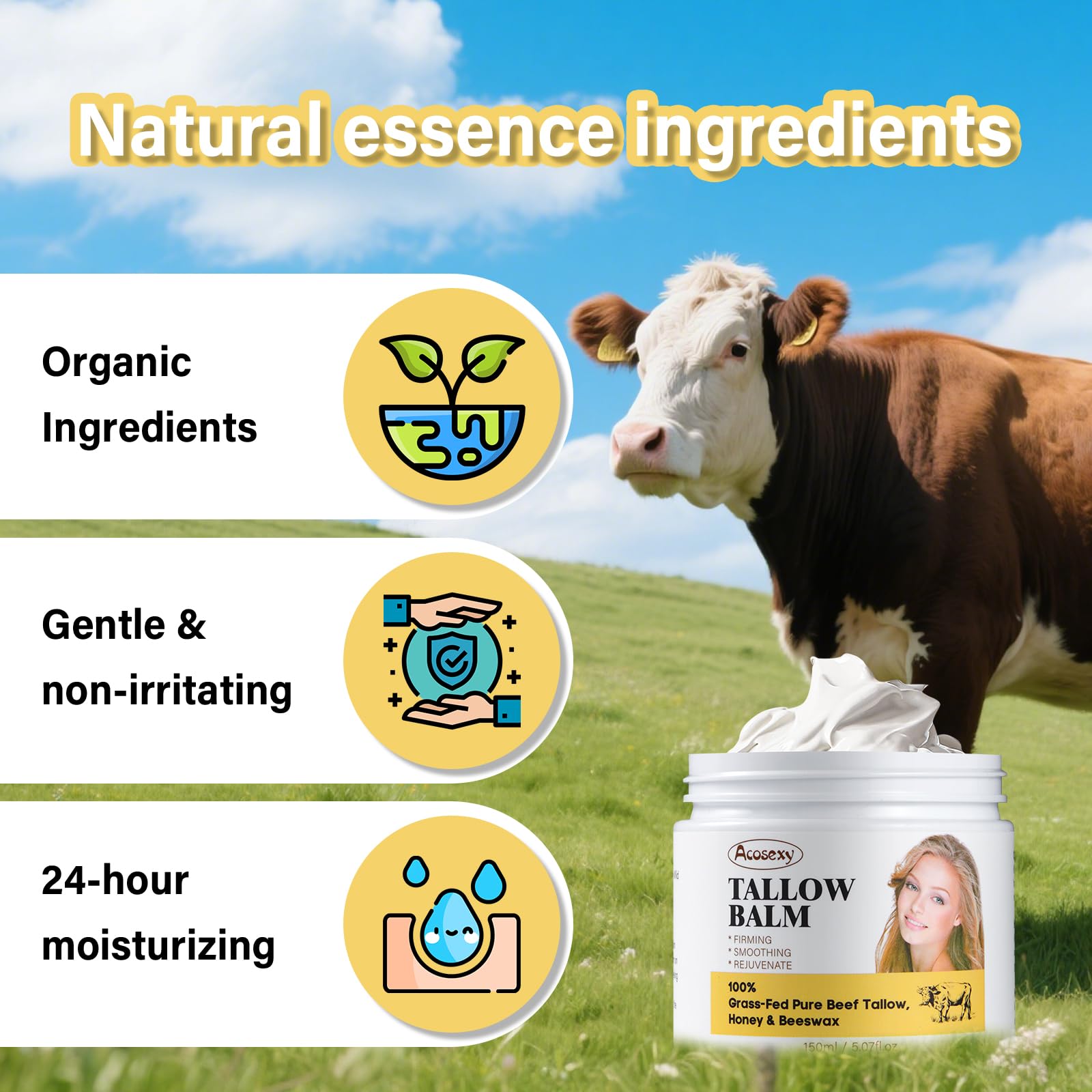 Acosexy Beef Tallow Face Balm – Handmade Whipped Balm with Shea Butter, Grass-Fed, 5.07 oz