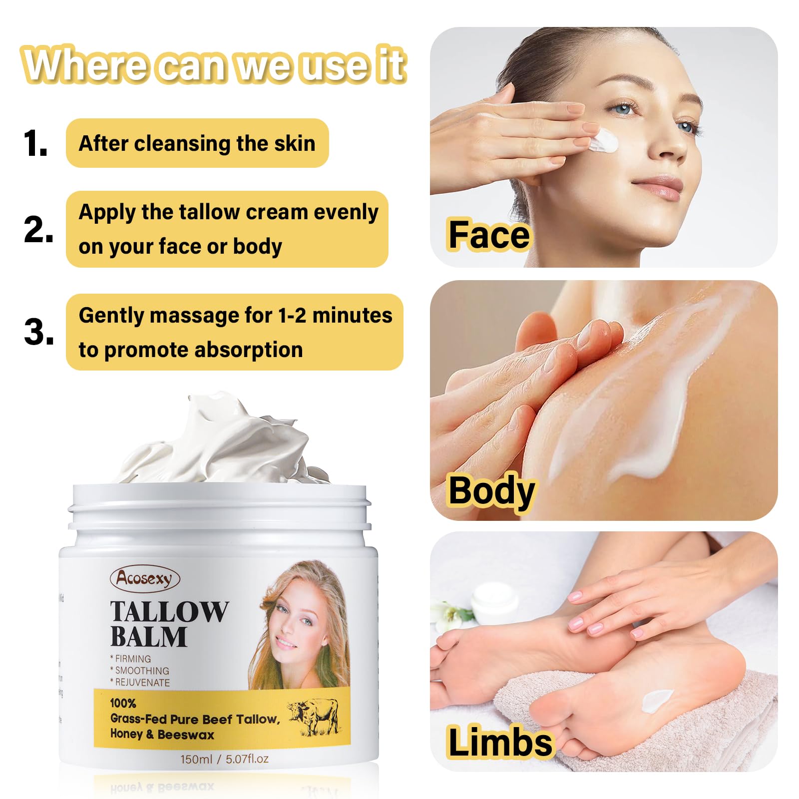 Acosexy Beef Tallow Face Balm – Handmade Whipped Balm with Shea Butter, Grass-Fed, 5.07 oz