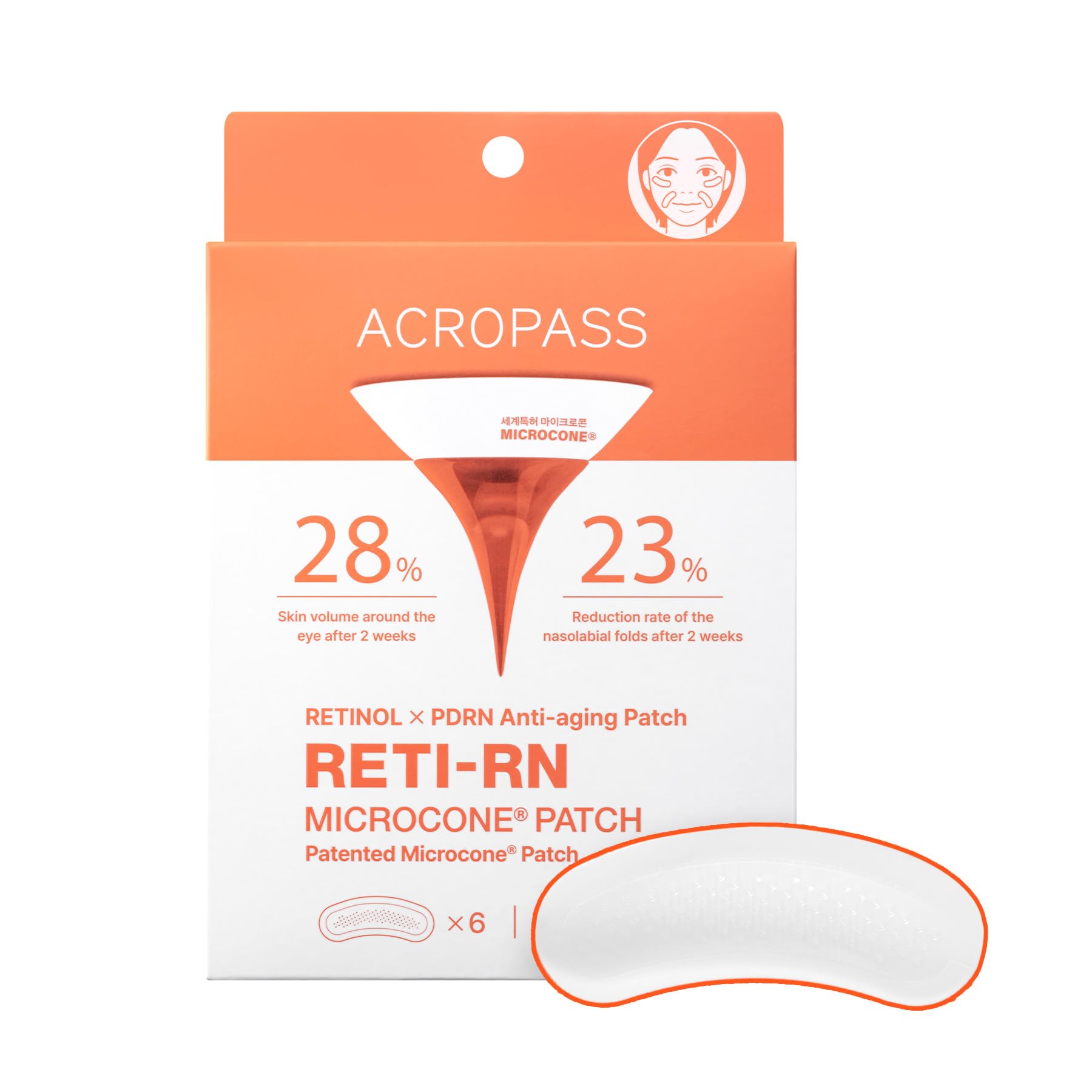 Acropass RETI-RN Microcone Patches | Deep Wrinkles, PDRN 10,000 ppm, Retinol 3,300 IU/g, Hyaluronic Acid – Slim Type (6 Count)