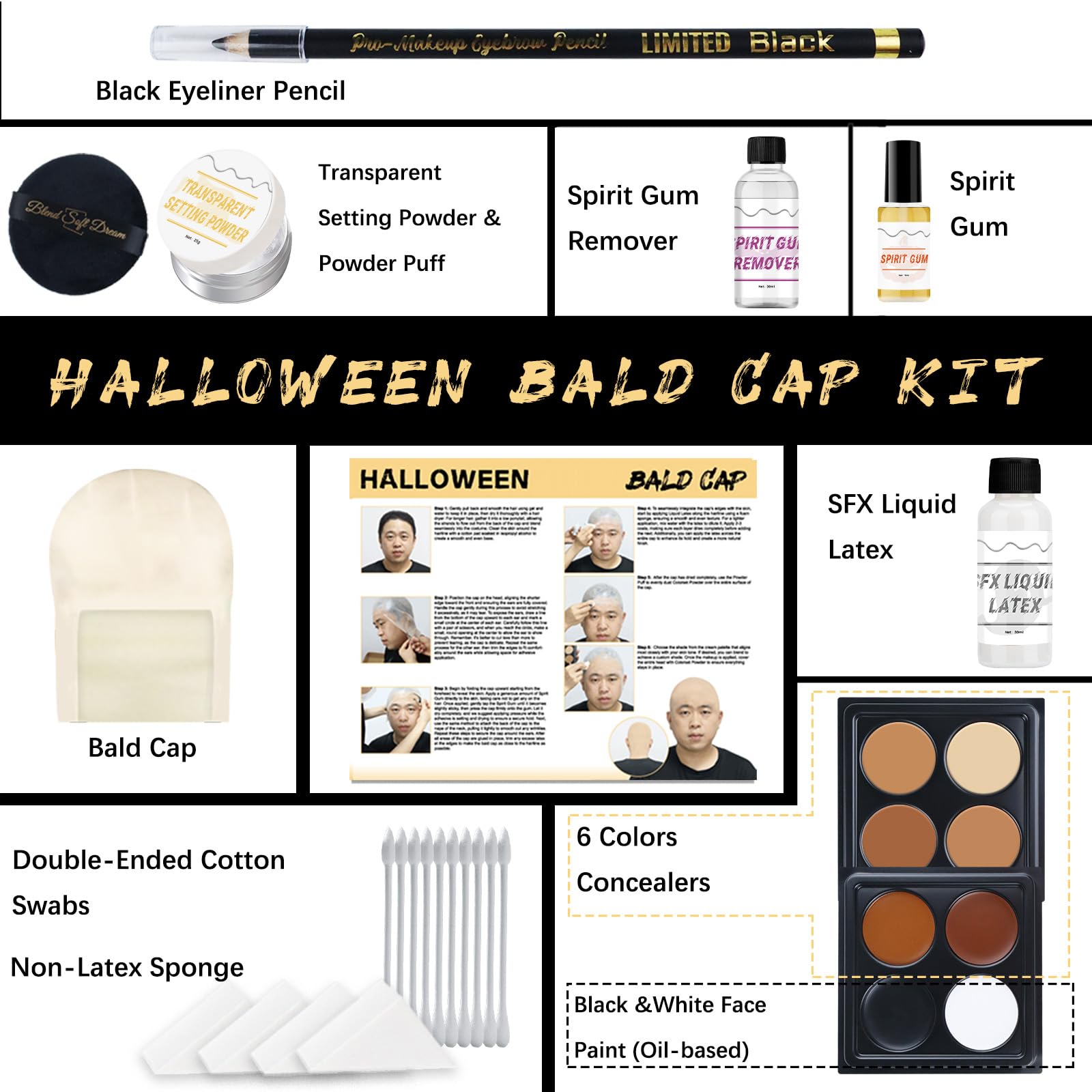 Actabostte Halloween Bald Cap Kit – Realistic Latex Bald Cap with Adhesive & Remover