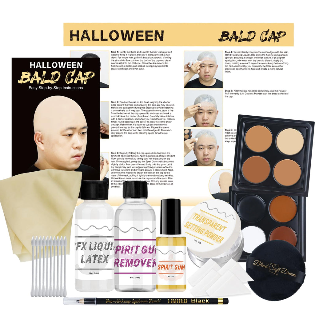 Actabostte Halloween Bald Cap Kit – Realistic Latex Bald Cap with Adhesive & Remover