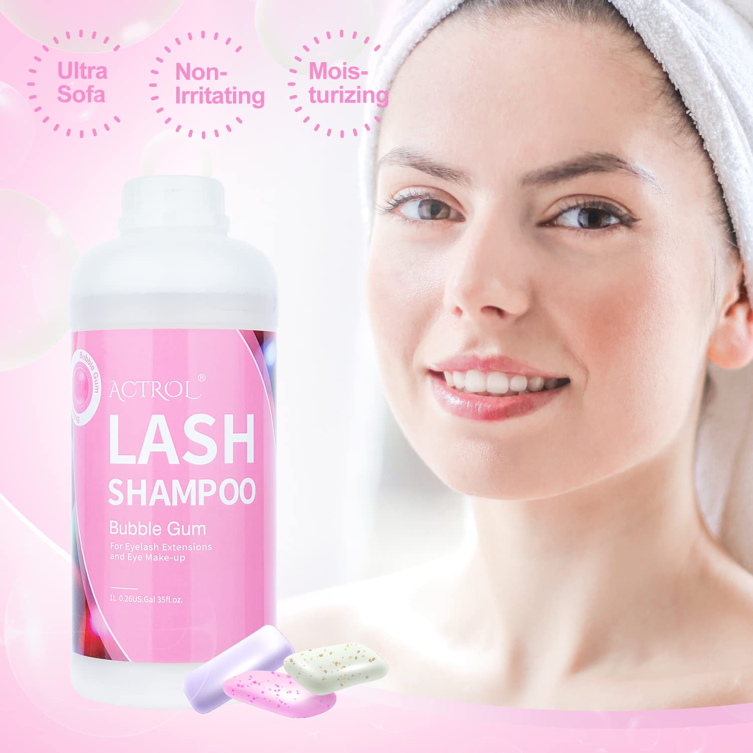 ACTROL Eyelash Extension Cleanser Bubble Gum 1L – Natural Lash Shampoo for Salon & Home Care