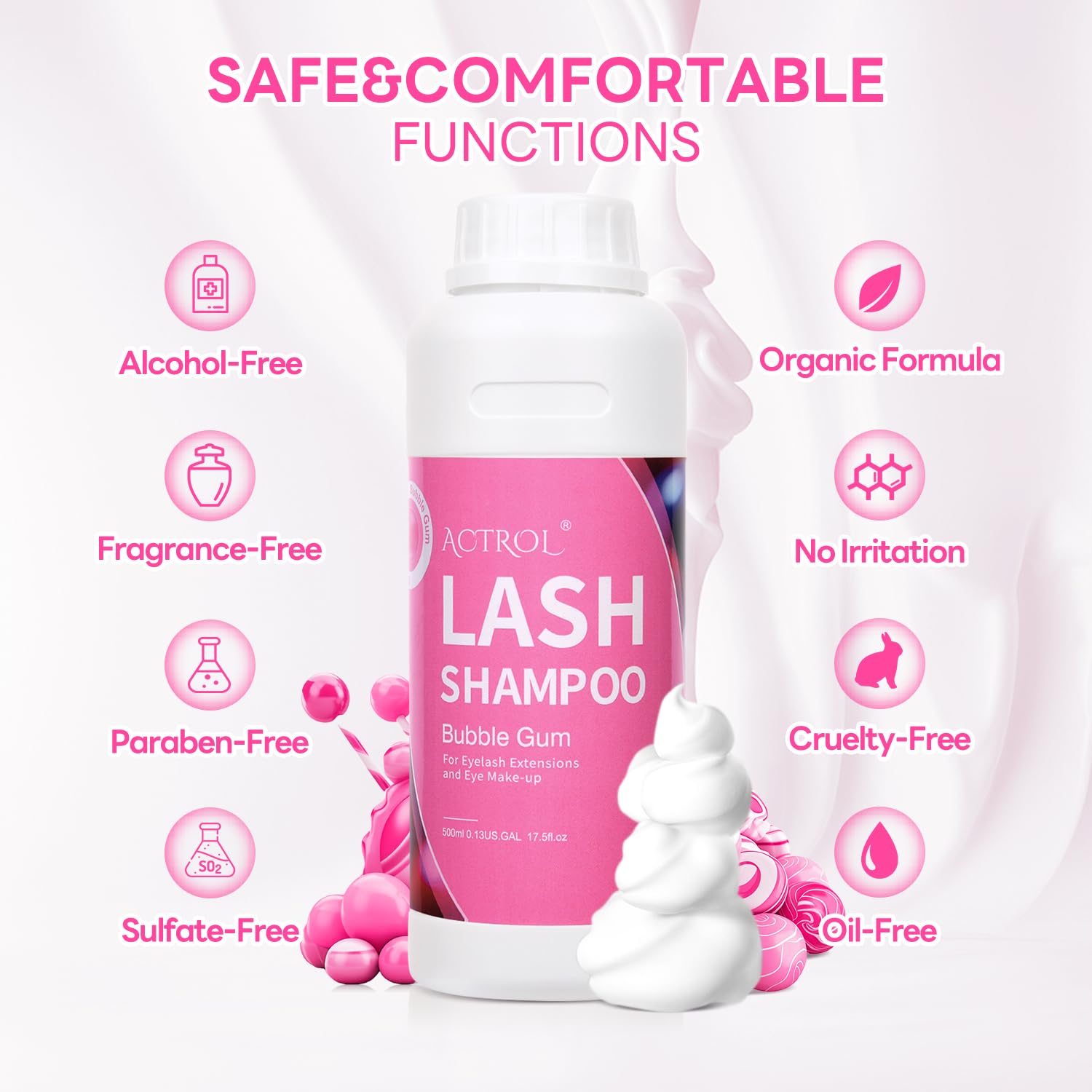 ACTROL Eyelash Extension Cleanser Bubble Gum 500ml – Paraben & Sulfate Free, Salon & Home Care