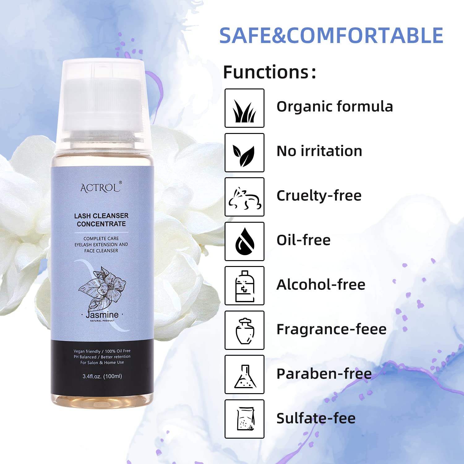 ACTROL Eyelash Cleanser Concentrate 100ml | Jasmine Professional Lash Shampoo – Paraben & Sulfate Free, Non-Irritating, Makes 20 Bottles