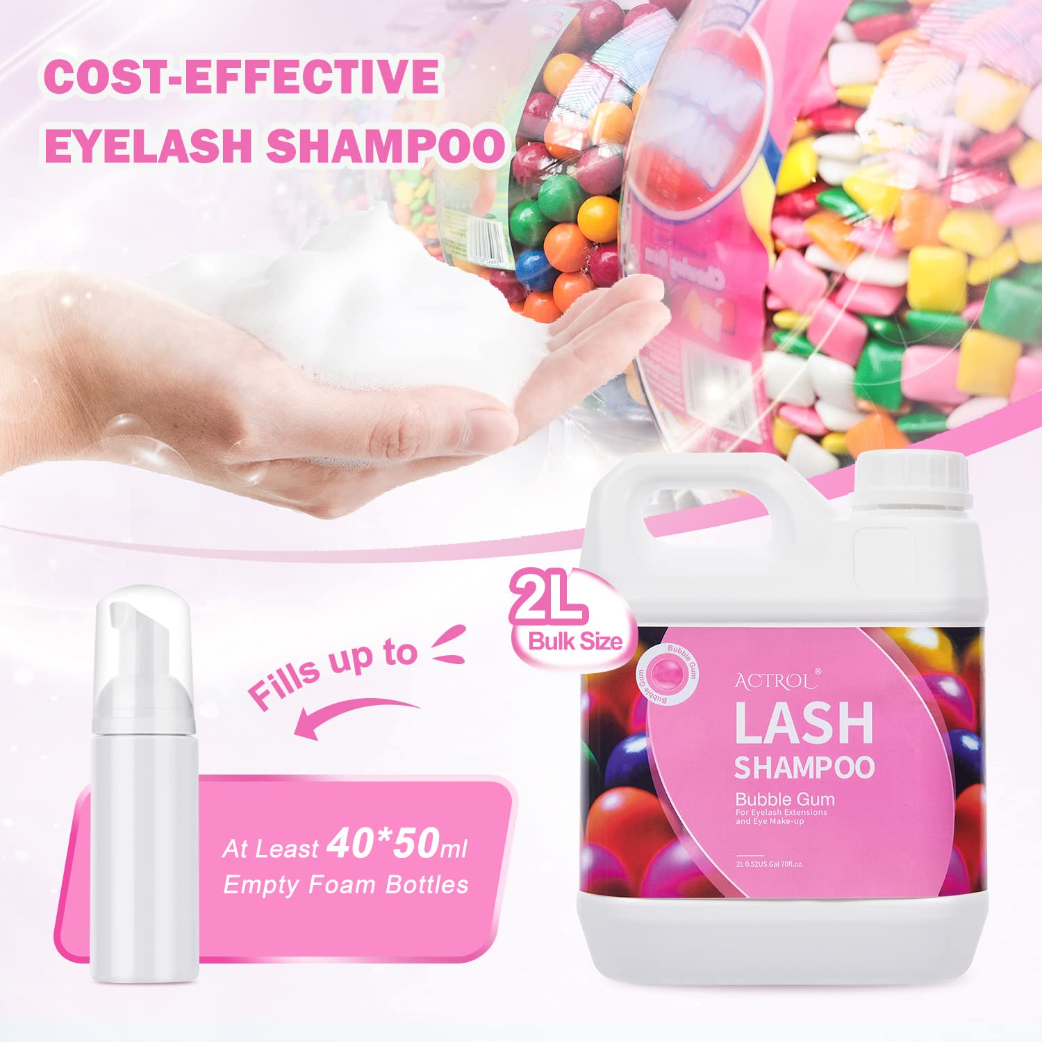 ACTROL Eyelash Cleanser Bubble Gum 2L – Natural Lash Extension Shampoo, Paraben & Sulfate Free, Salon & Home Use