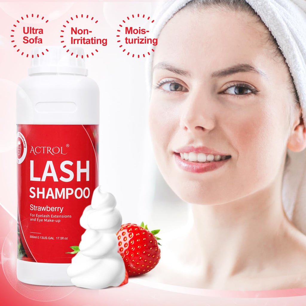 ACTROL Eyelash Extension Cleanser 500ml – Strawberry Natural Lash Shampoo, Paraben & Sulfate Free