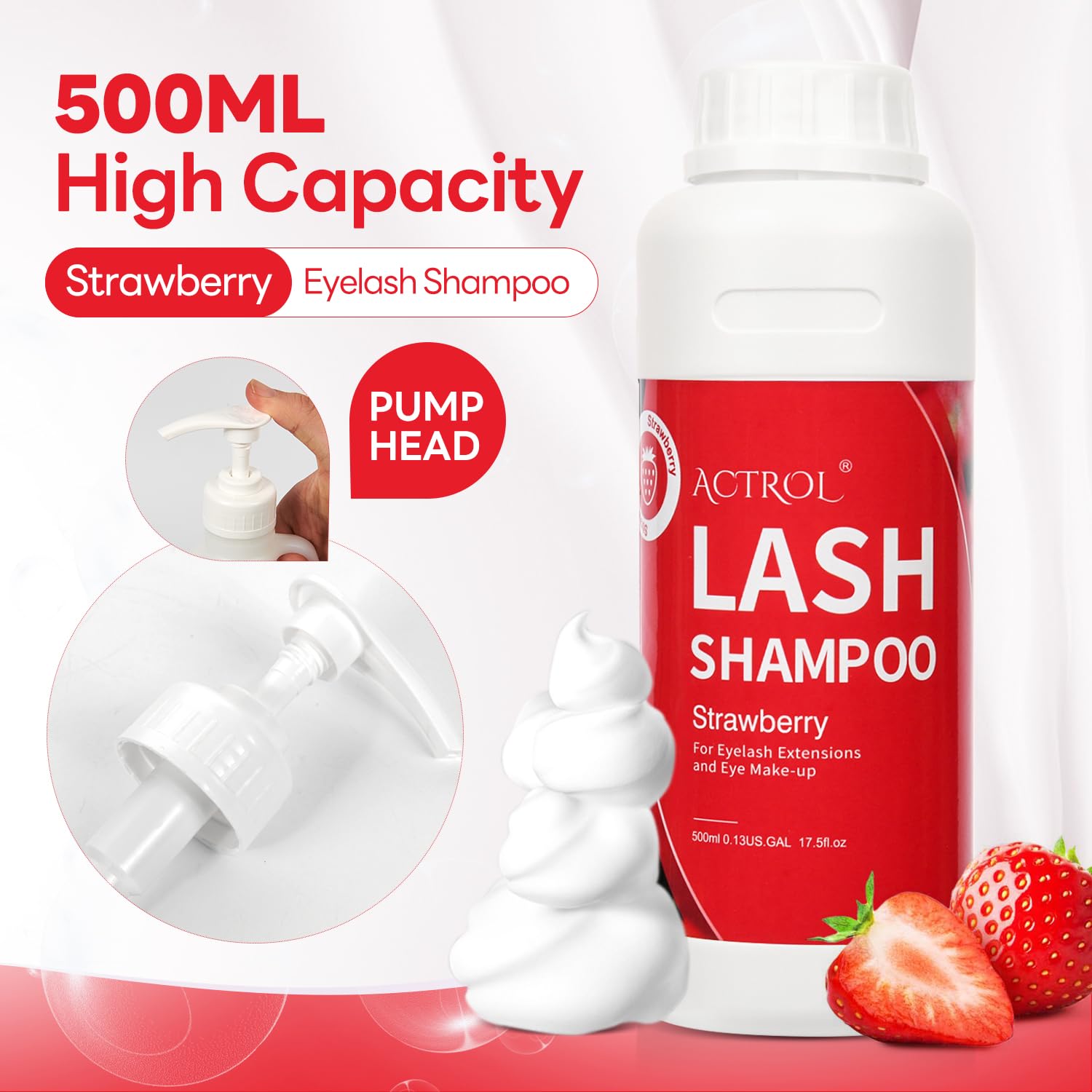 ACTROL Eyelash Extension Cleanser 500ml – Strawberry Natural Lash Shampoo, Paraben & Sulfate Free