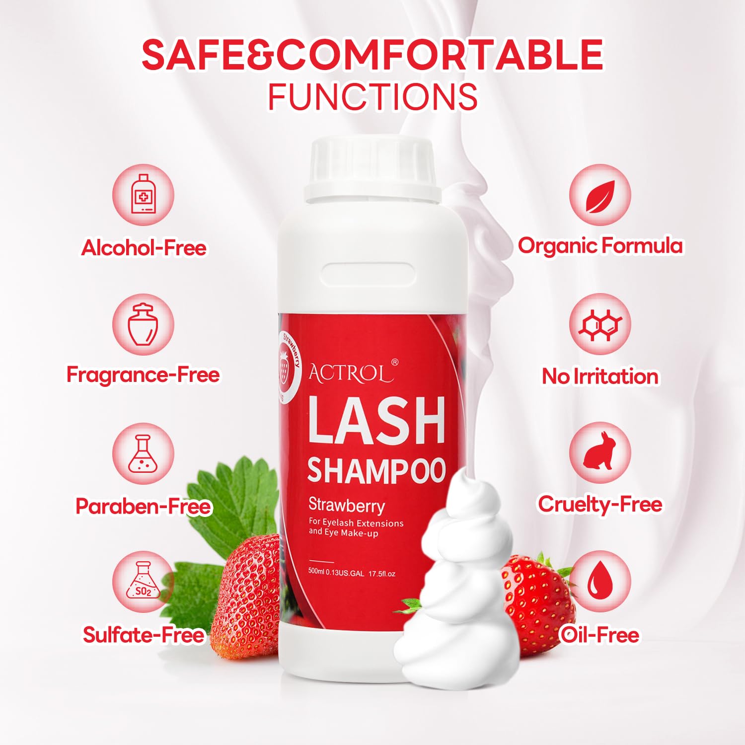 ACTROL Eyelash Extension Cleanser 500ml – Strawberry Natural Lash Shampoo, Paraben & Sulfate Free