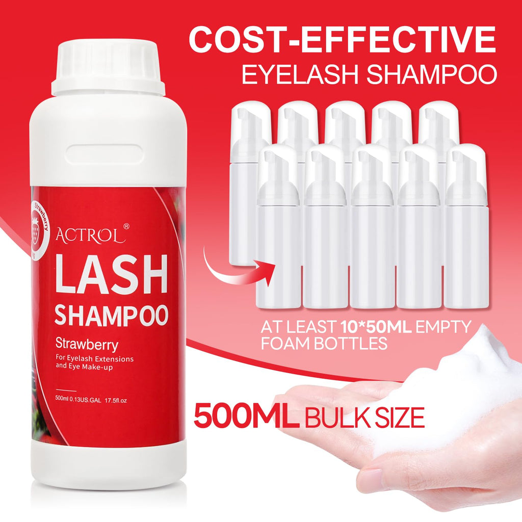 ACTROL Eyelash Extension Cleanser 500ml – Strawberry Natural Lash Shampoo, Paraben & Sulfate Free